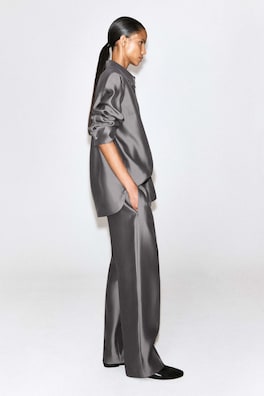 TAILORED SILK STRAIGHT-LEG PANTS — PEWTER 3