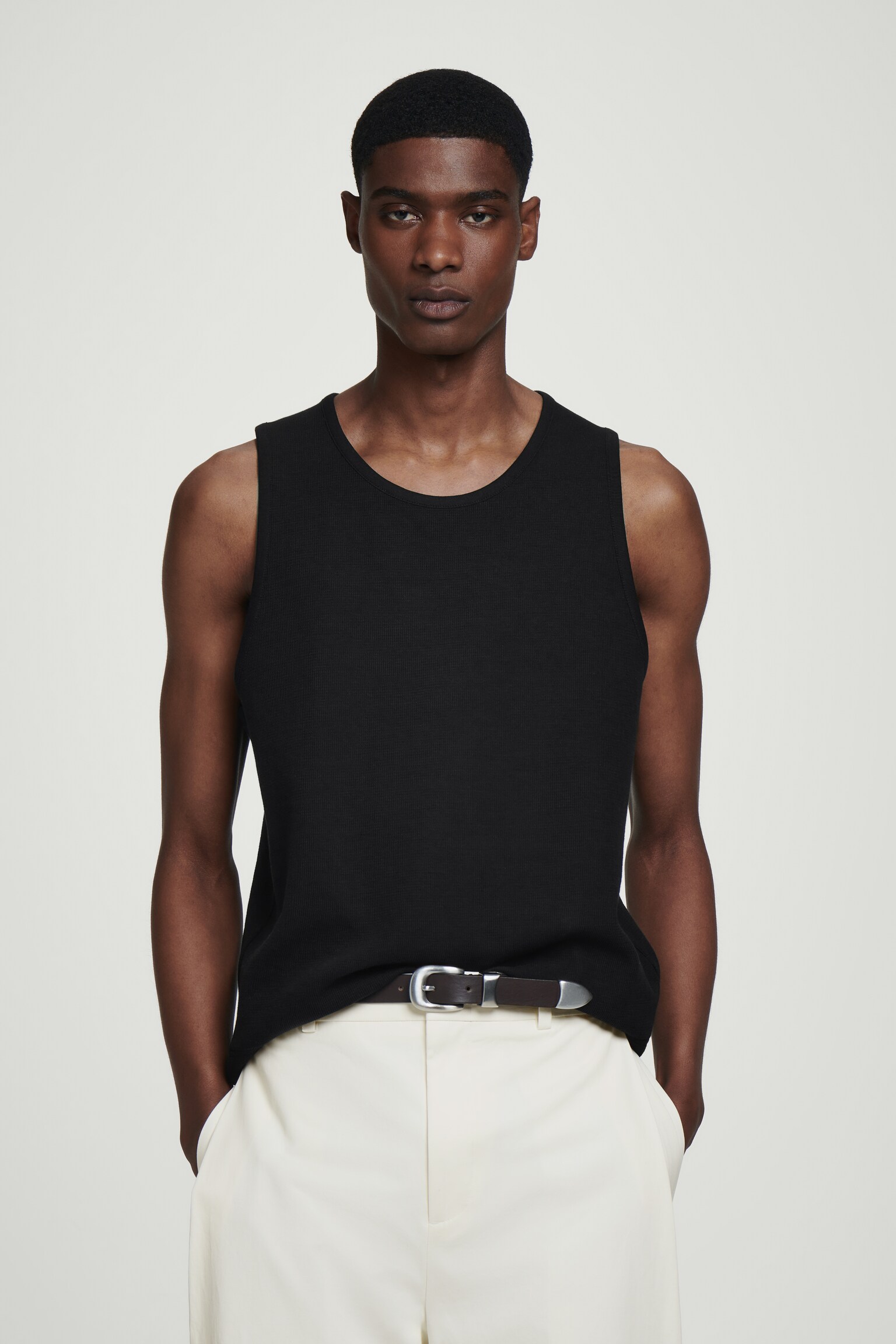 TEXTURED COTTON-JERSEY TANK TOP - BLACK
