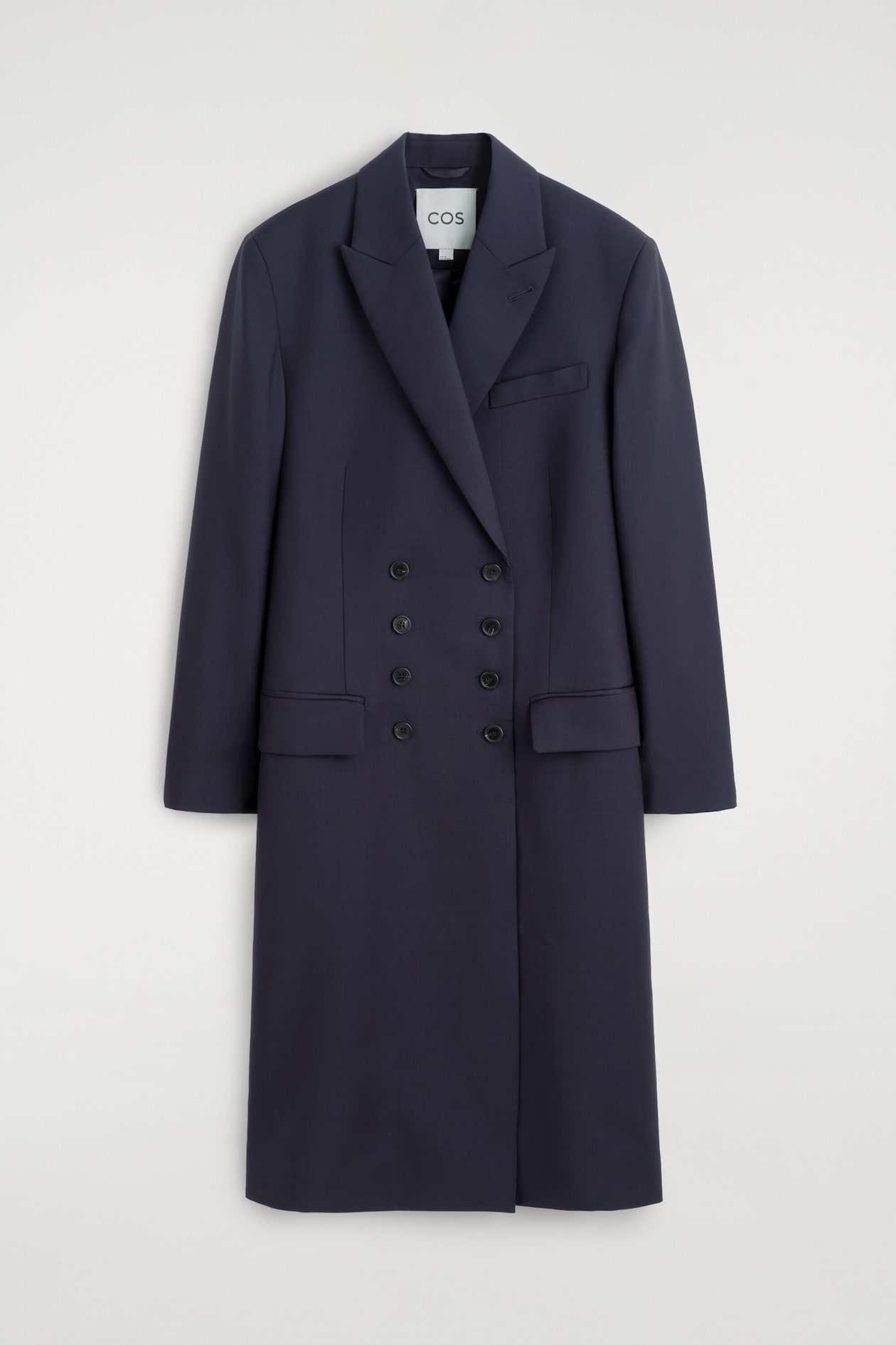 WOOL DOUBLE-BREASTED LONGLINE BLAZER — NAVY