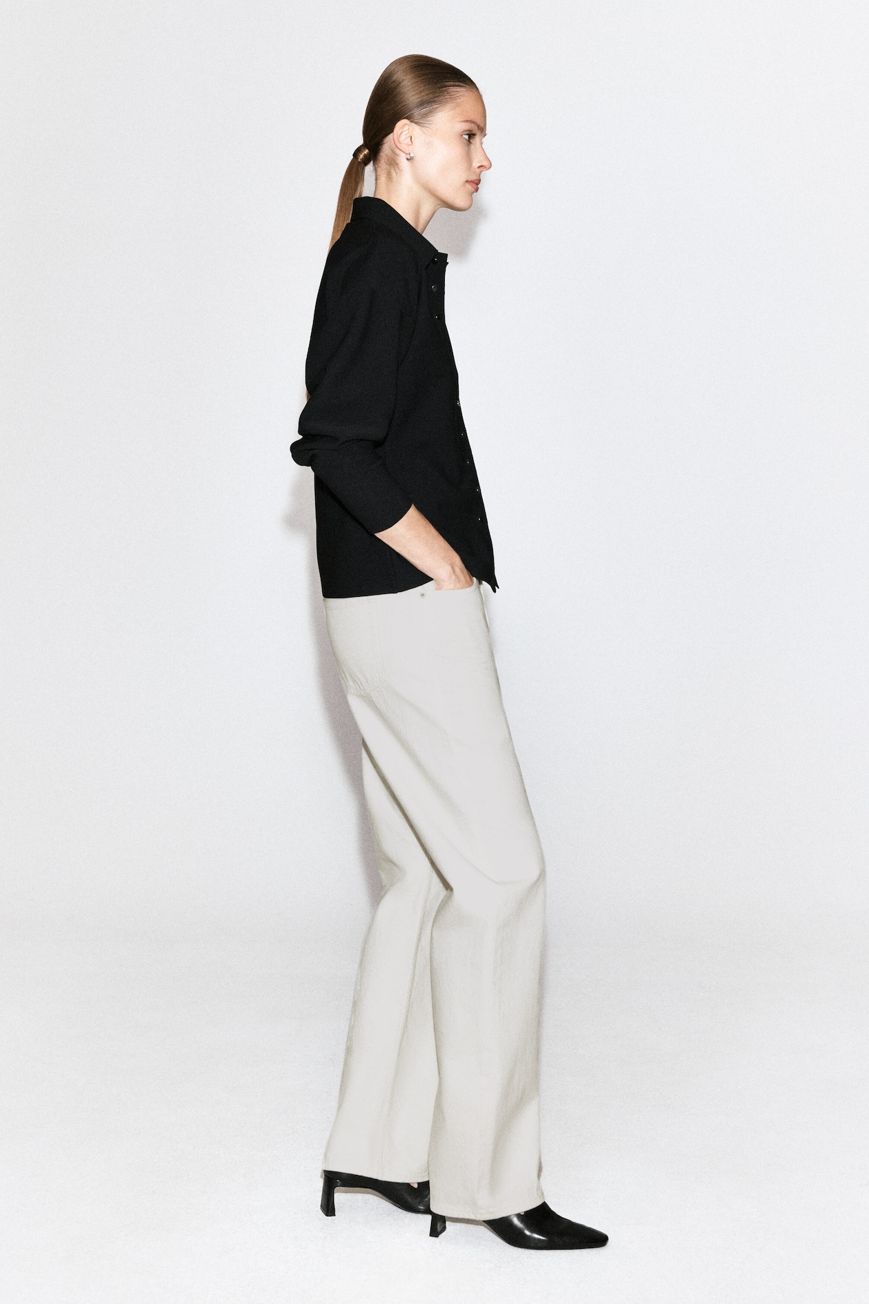 WAISTED CREPE-JERSEY SHIRT — BLACK