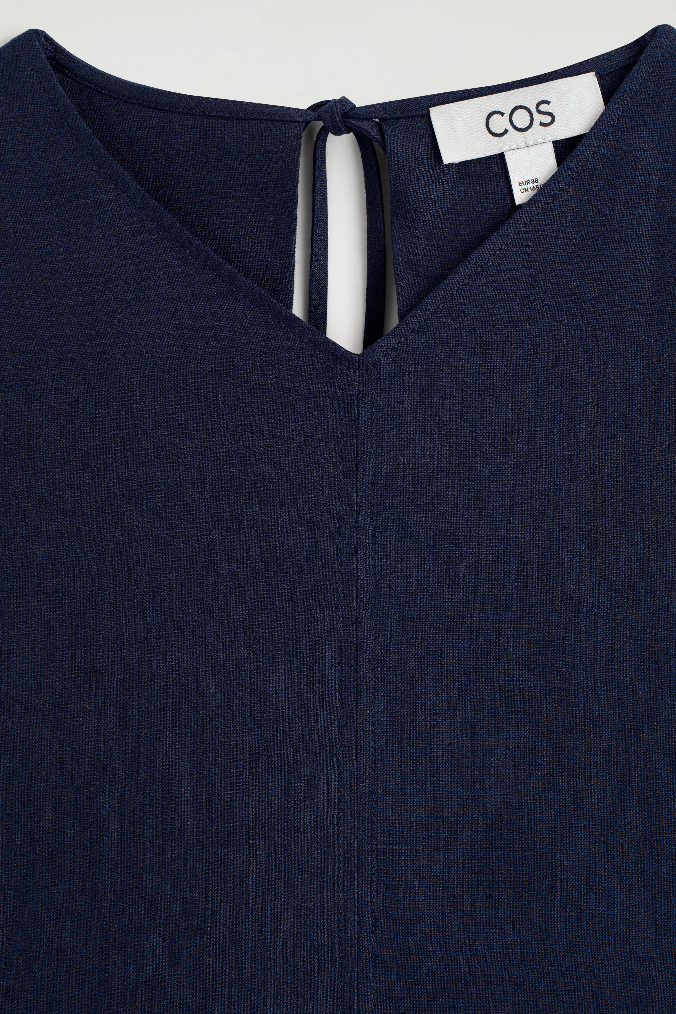 cos low cut back linen dress COS Women's V-Neck Open-Back Mini Dress in Navy | Linen
