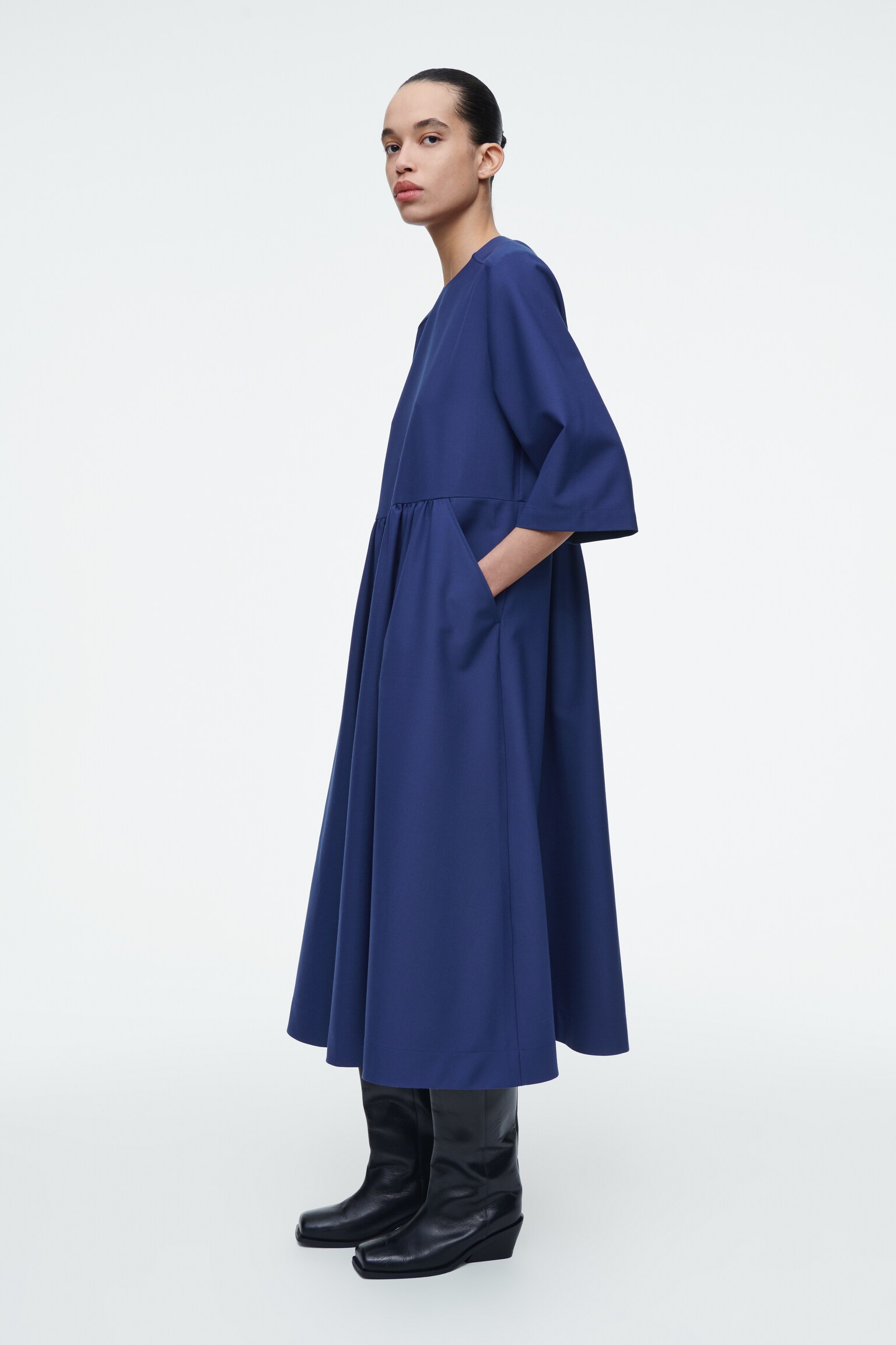ROBE MIDI FRONCÉE EN LAINE MÉLANGÉE - BLEU - 3