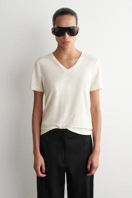 V-NECK LINEN T-SHIRT — IVORY 1