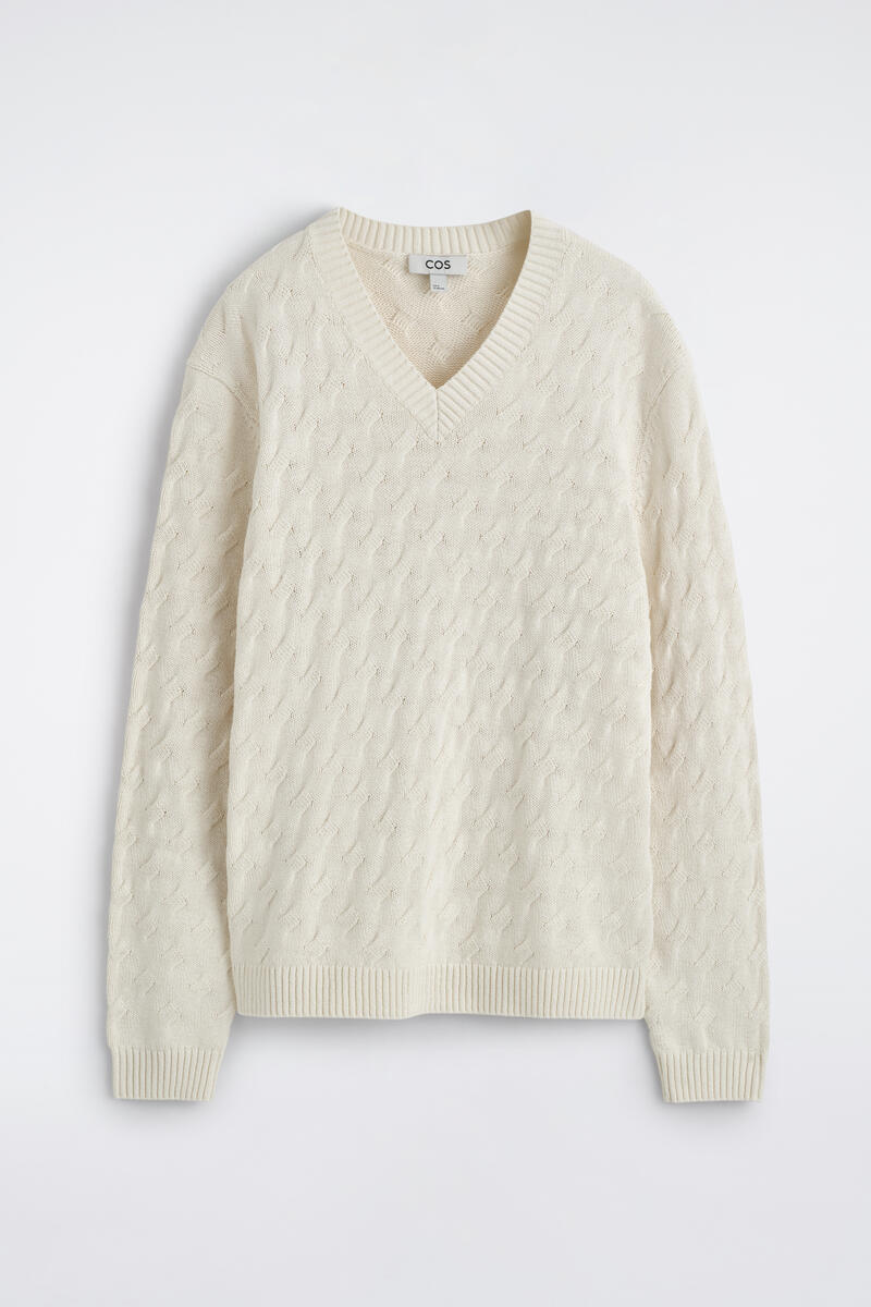 Cable-Knit Cotton-Silk V-Neck Sweater