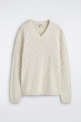 CABLE-KNIT COTTON-SILK V-NECK SWEATER — OFF-WHITE 8