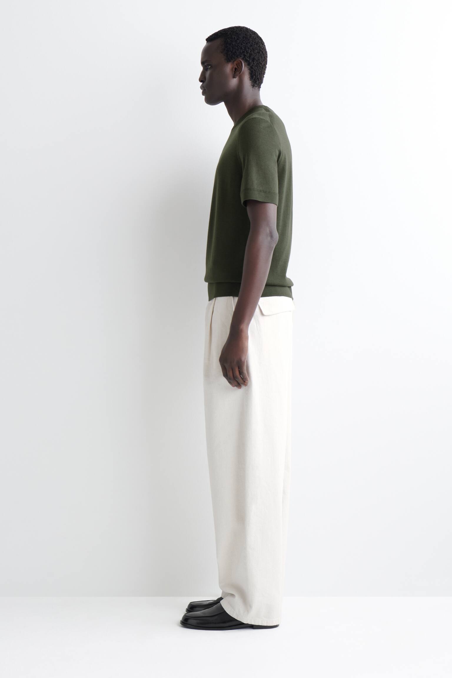 MERINO WOOL KNITTED T-SHIRT - חאקי כהה/DARK BLUE - 3