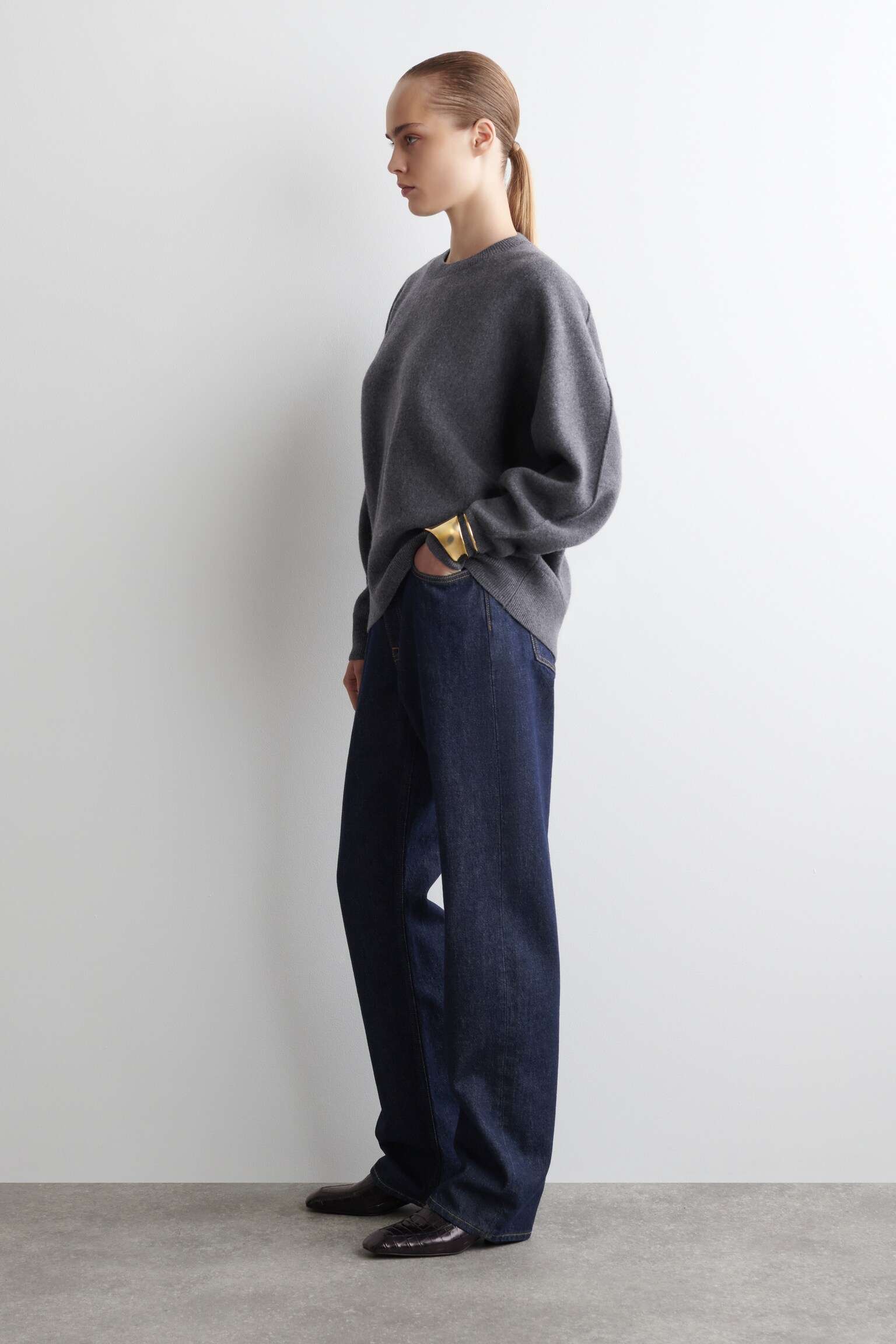 PULL SILHOUETTE ARRONDIE EN LAINE DOUBLE FACE - GRIS CHINÉ/VERT FONCÉ/BLANC - 4