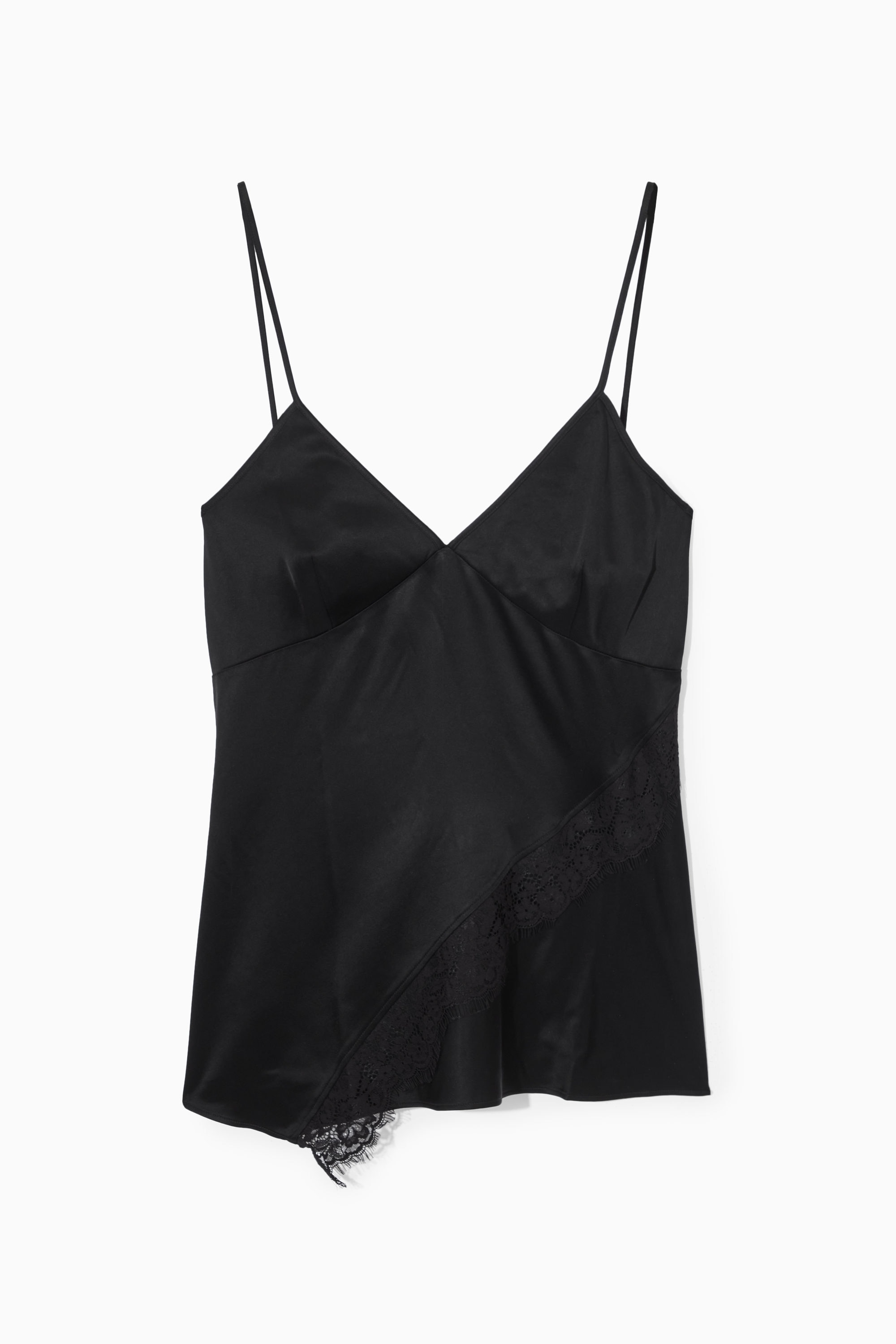 ASYMMETRIC LACE-TRIMMED SATIN CAMISOLE - BLACK | COS