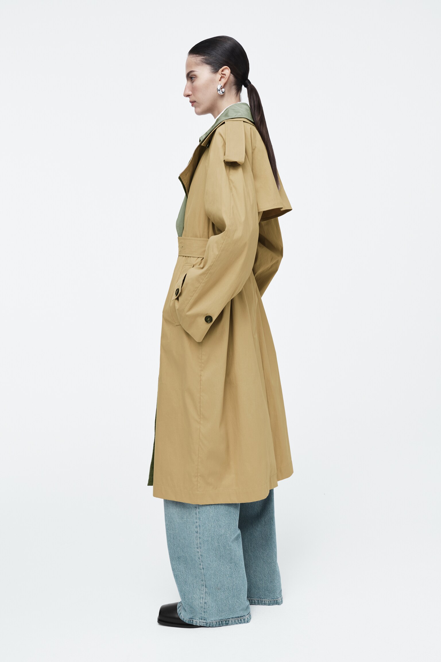 LAYERED DOUBLE-BREASTED TRENCH COAT - BEIGE / KHAKI - 8