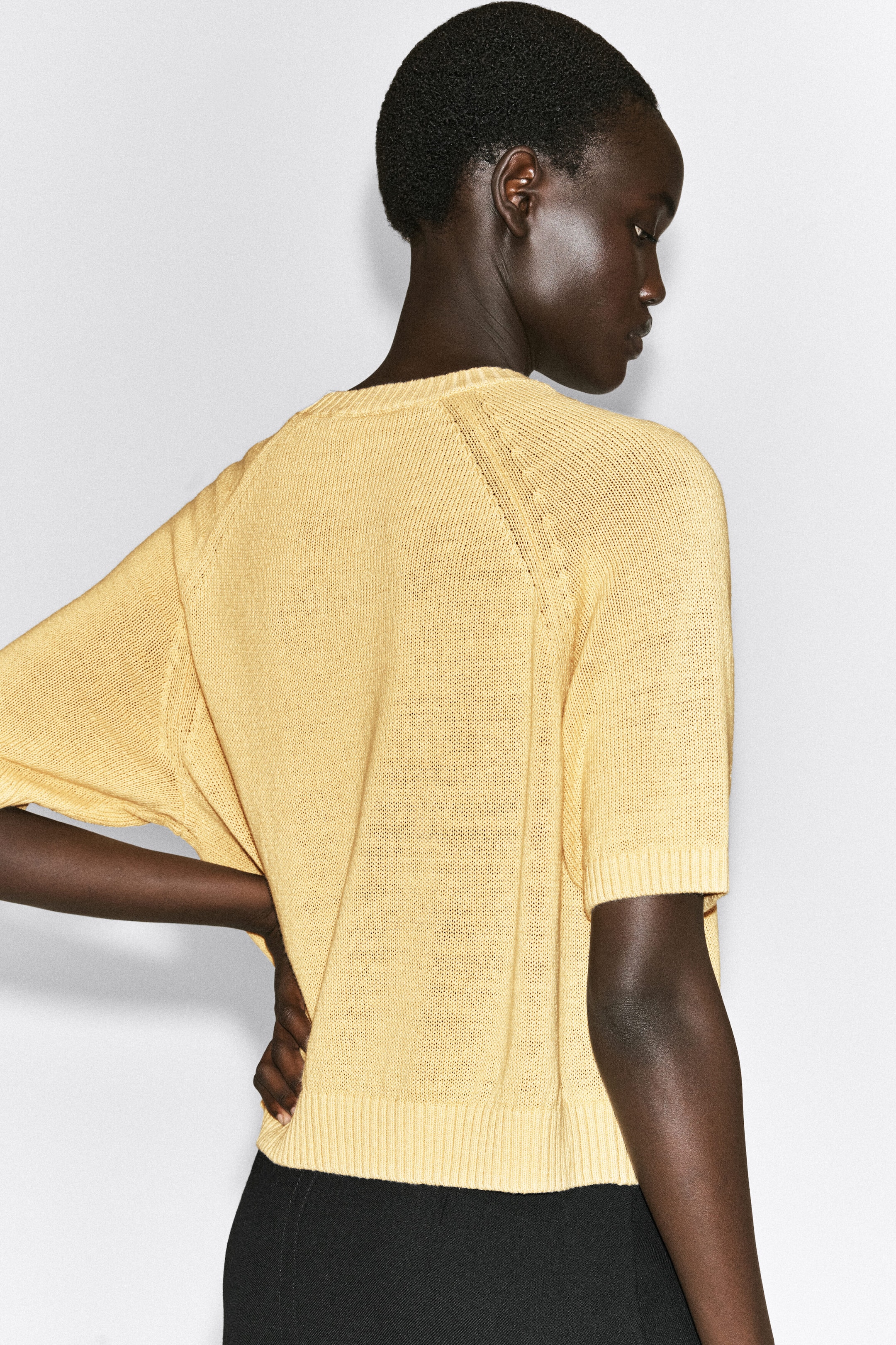 The shrunken knitted linen T-shirt is shown from the back, highlighting its lightweight, semi-sheer knit texture in a pale yellow hue. The garment features raglan short sleeves with ribbed cuffs, a ribbed crew neck, and a ribbed hem. The shrunken knitted linen T-shirt is shown from the back, highlighting its lightweight, semi-sheer knit texture in a pale yellow hue. The garment features raglan short sleeves with ribbed cuffs, a ribbed crew neck, and a ribbed hem.