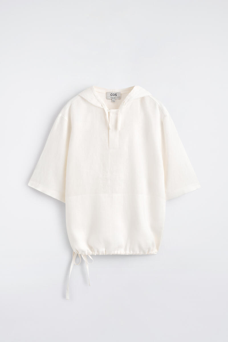COS Drawstring Hooded Linen Popover Shirt White Men's Large
