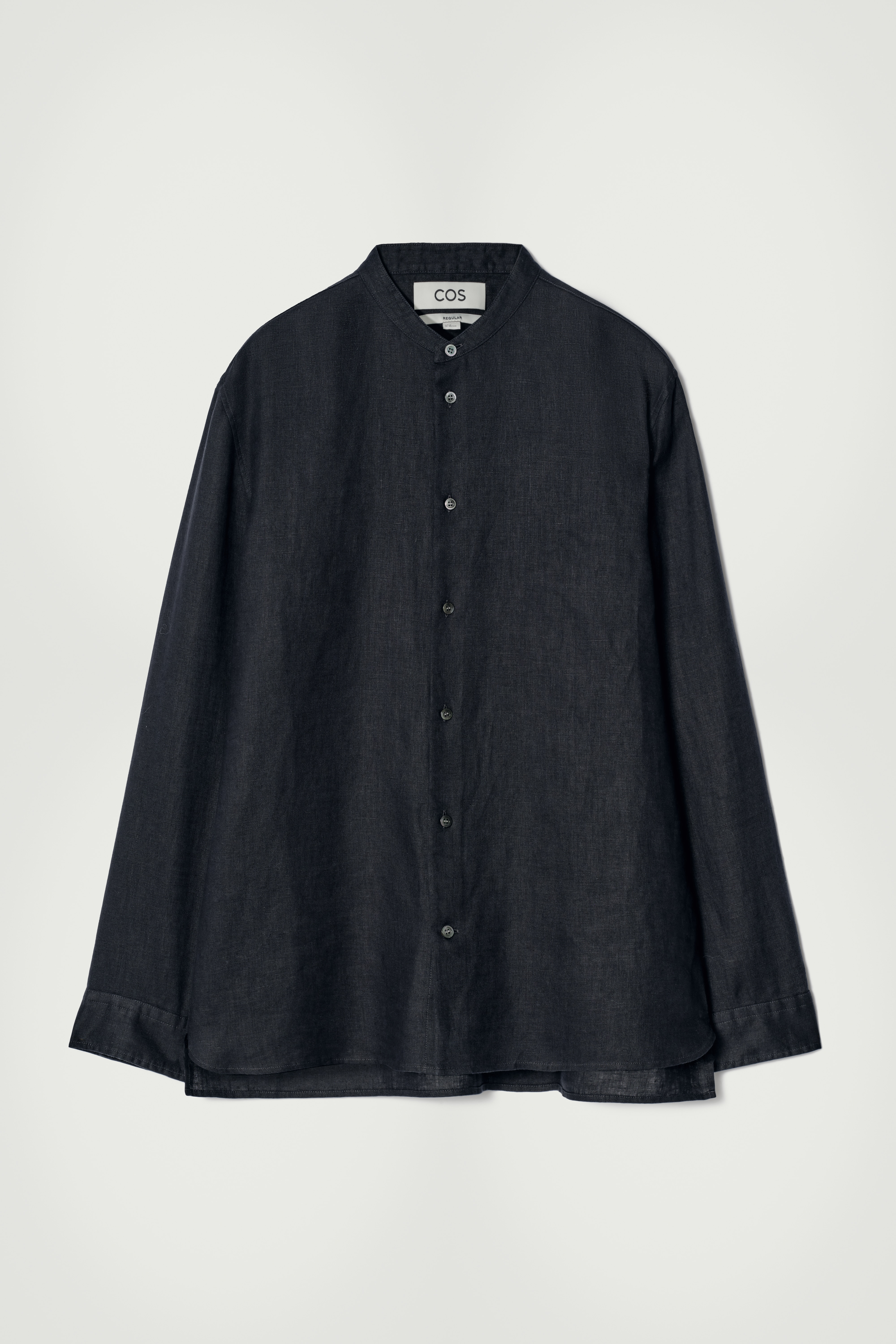 GRANDAD-COLLAR LINEN SHIRT - NAVY/WHITE