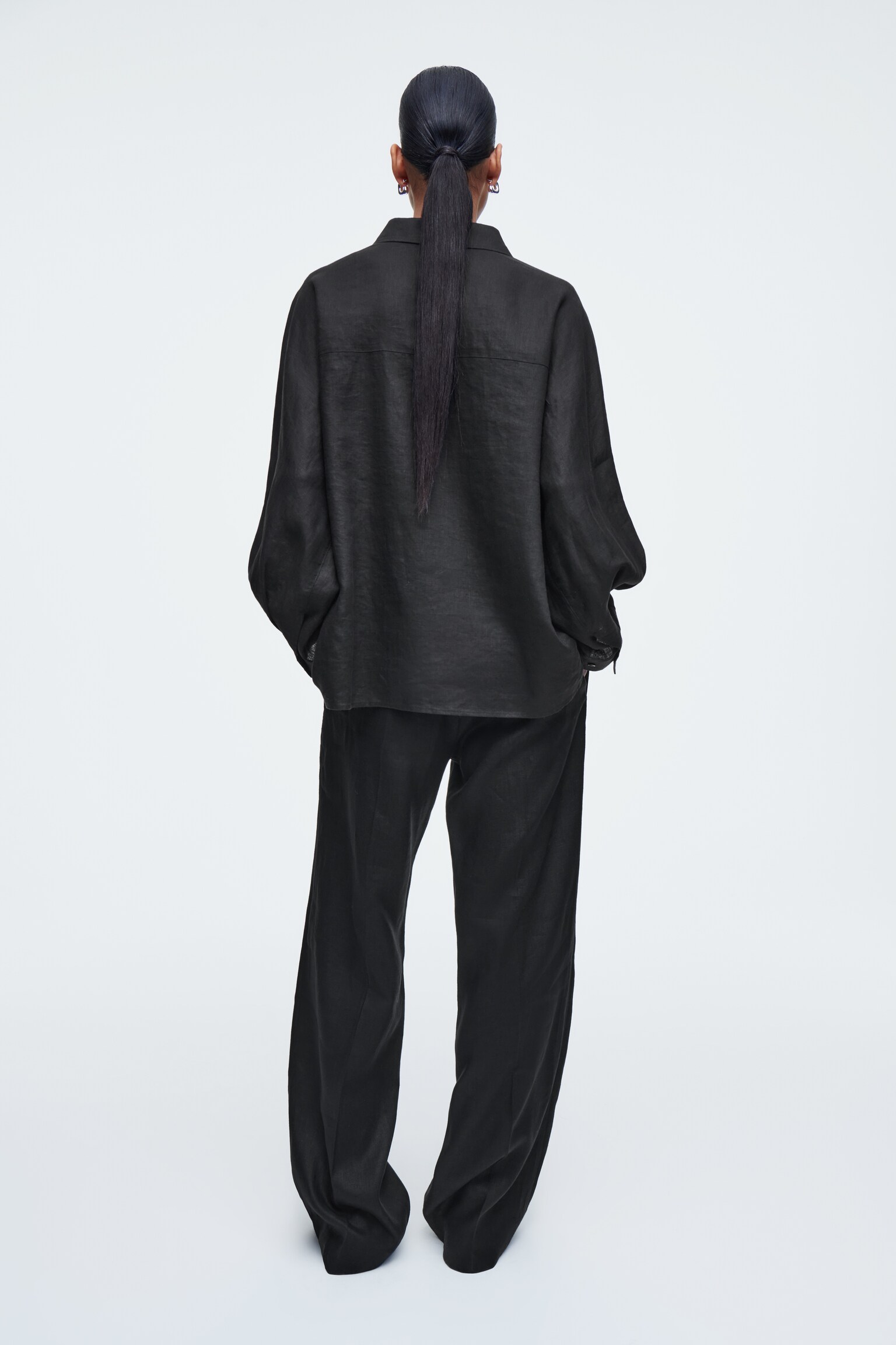 PANTALÓN DE LINO CON AJUSTE DE CORDÓN - NEGRO - 5