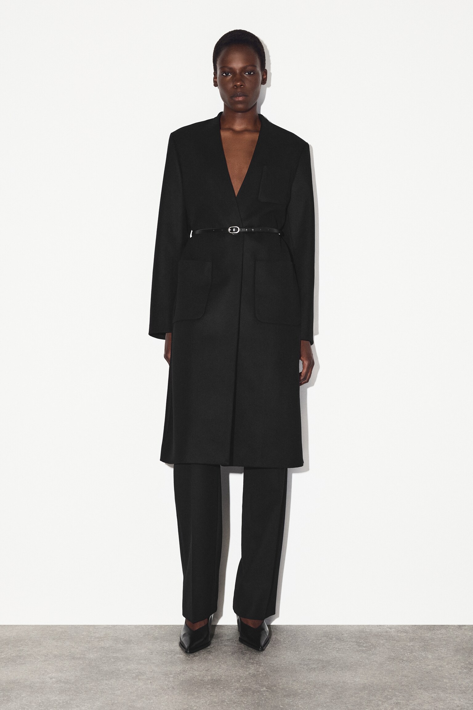 MANTEAU LONG SANS COL EN LAINE ET CACHEMIRE - NOIR