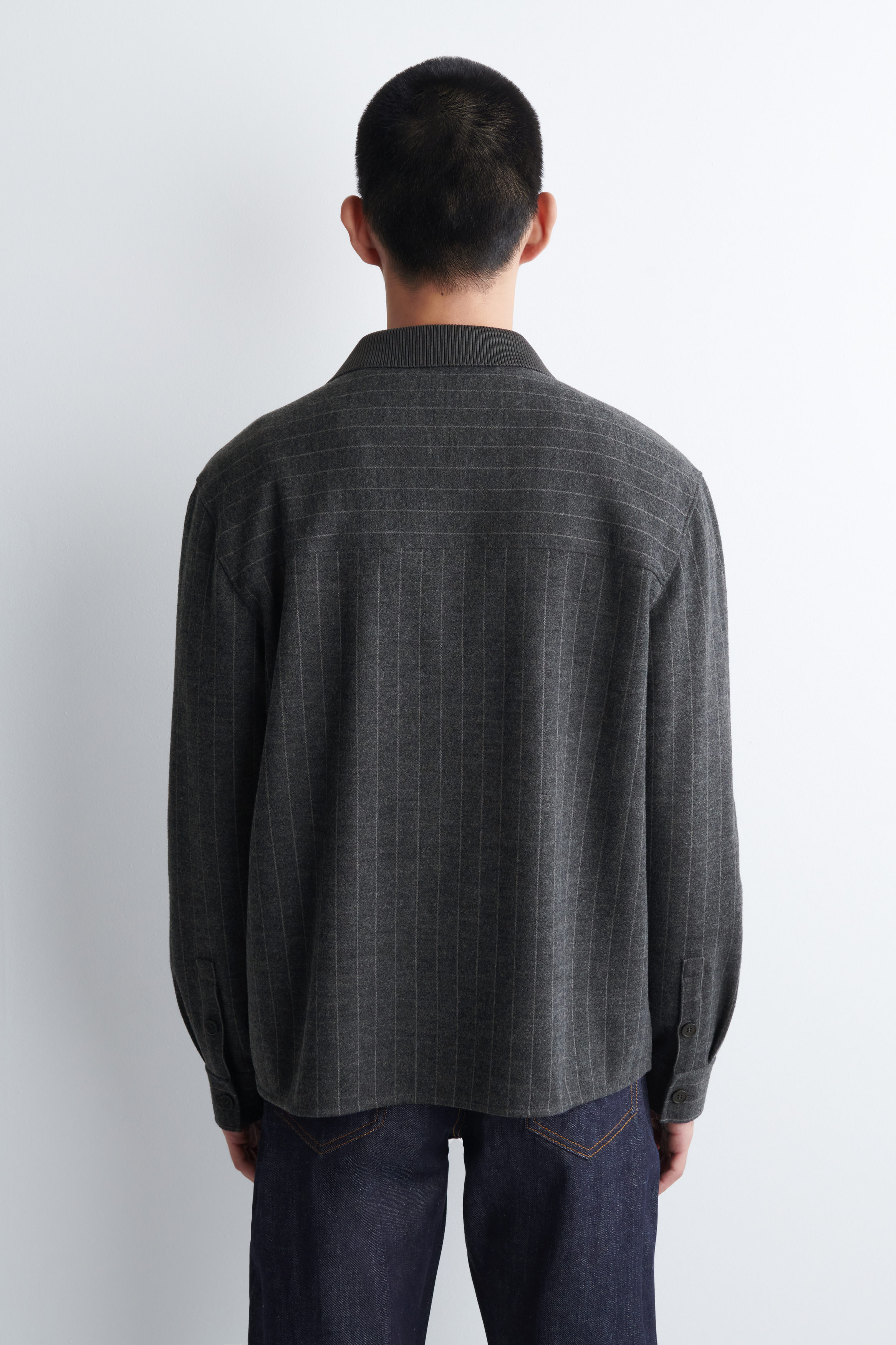RELAXED PINSTRIPED WOOL-BLEND JERSEY SHIRT - GREY / PINSTRIPED