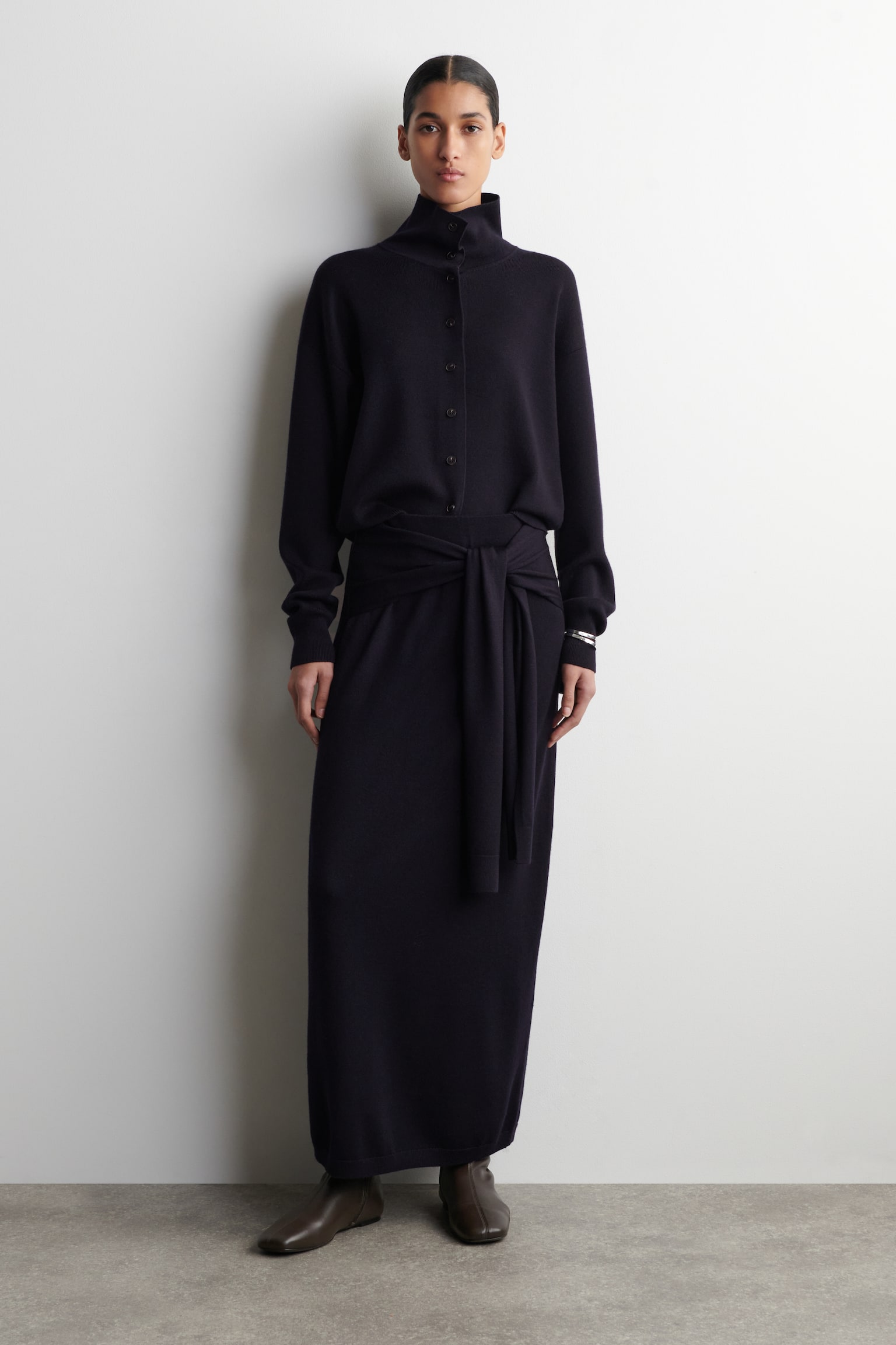 MERINO WOOL FUNNEL-NECK CARDIGAN - NAVY/BEIGE MÉLANGE - 7