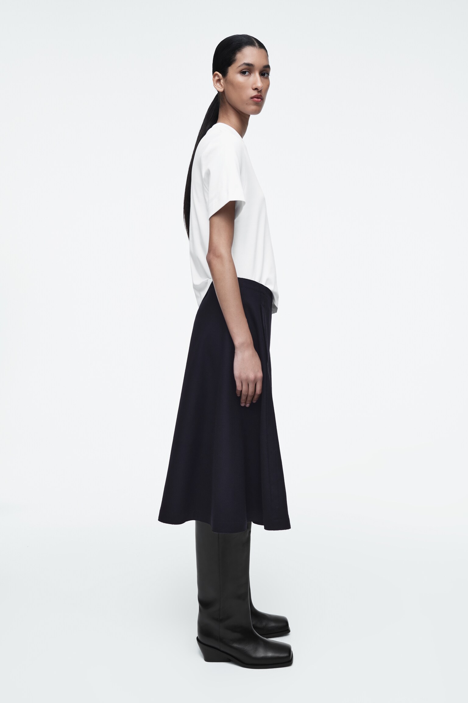 PANELLED WOOL MIDI SKIRT - NAVY - 6