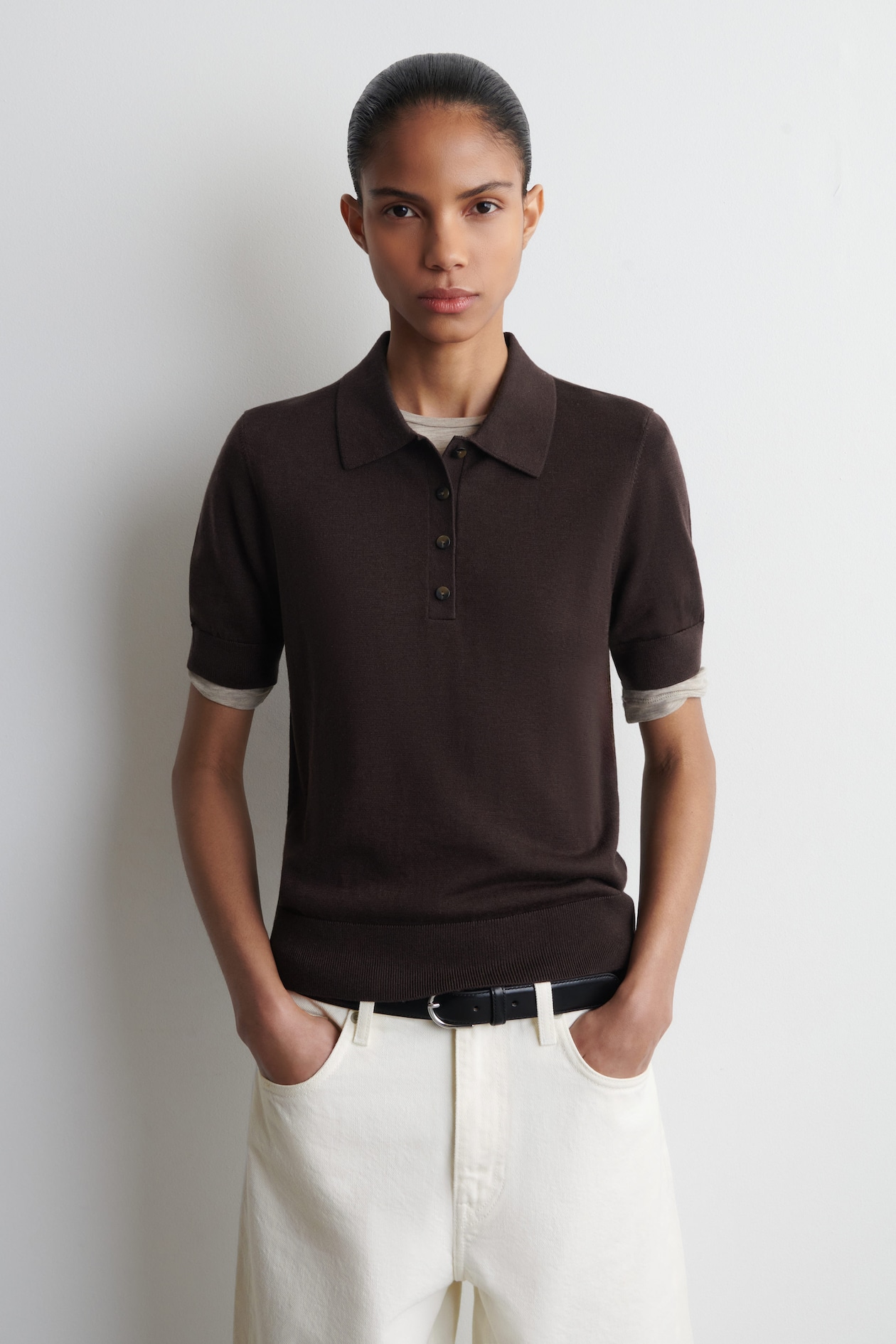 SHRUNKEN WOOL-BLEND POLO SHIRT — DARK BROWN