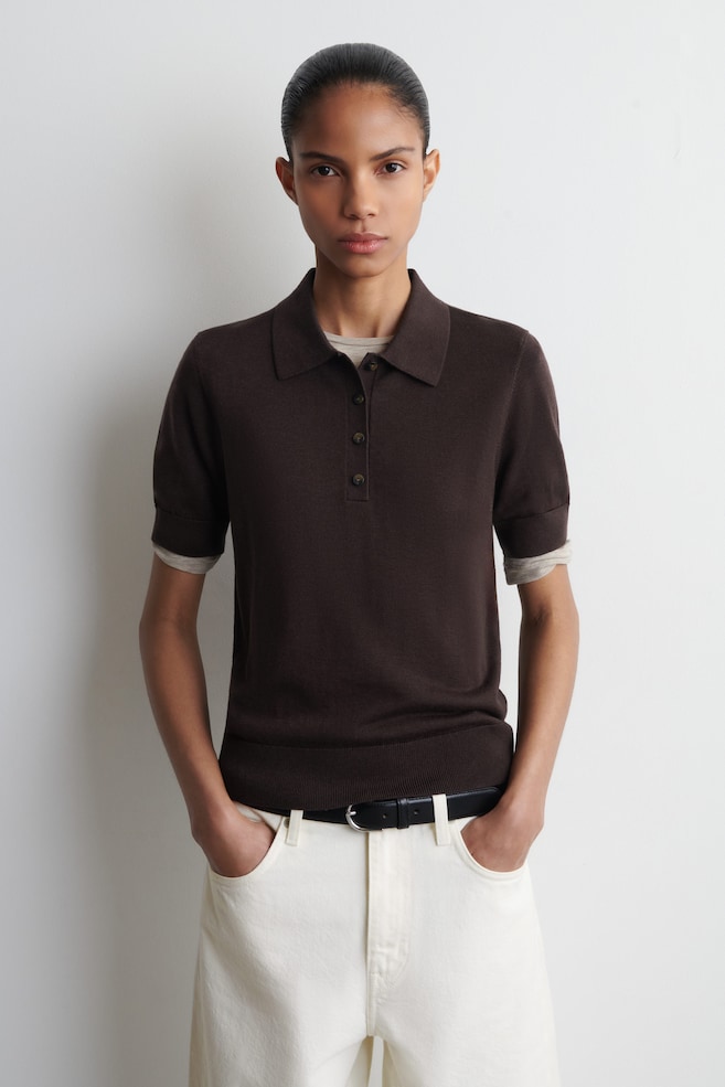 SHRUNKEN WOOL-BLEND POLO SHIRT — DARK BROWN