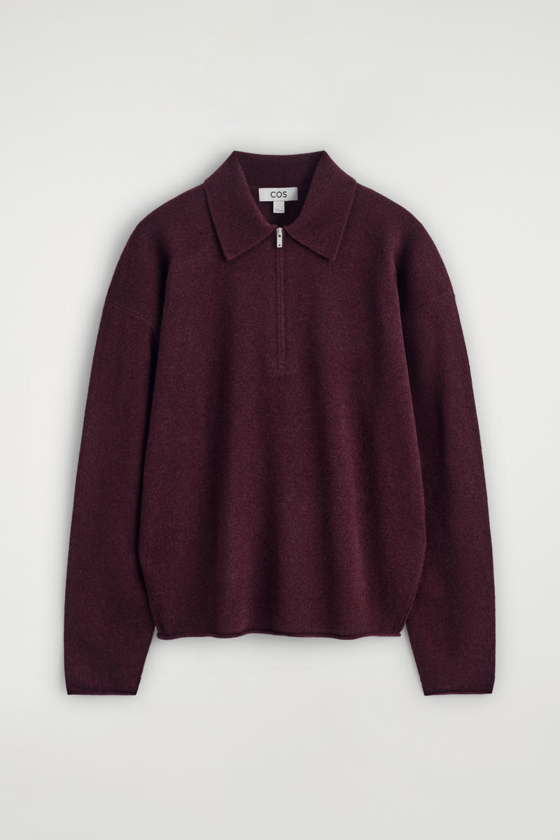 Cos Merino Wool-yak Zip-up Polo Shirt In Burgundy