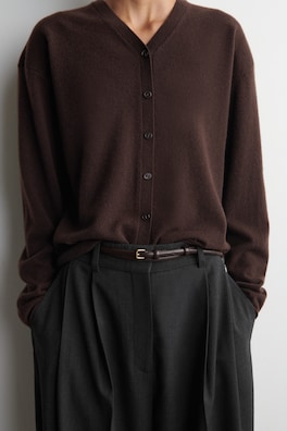 MERINO WOOL V-NECK CARDIGAN — DARK BROWN 4