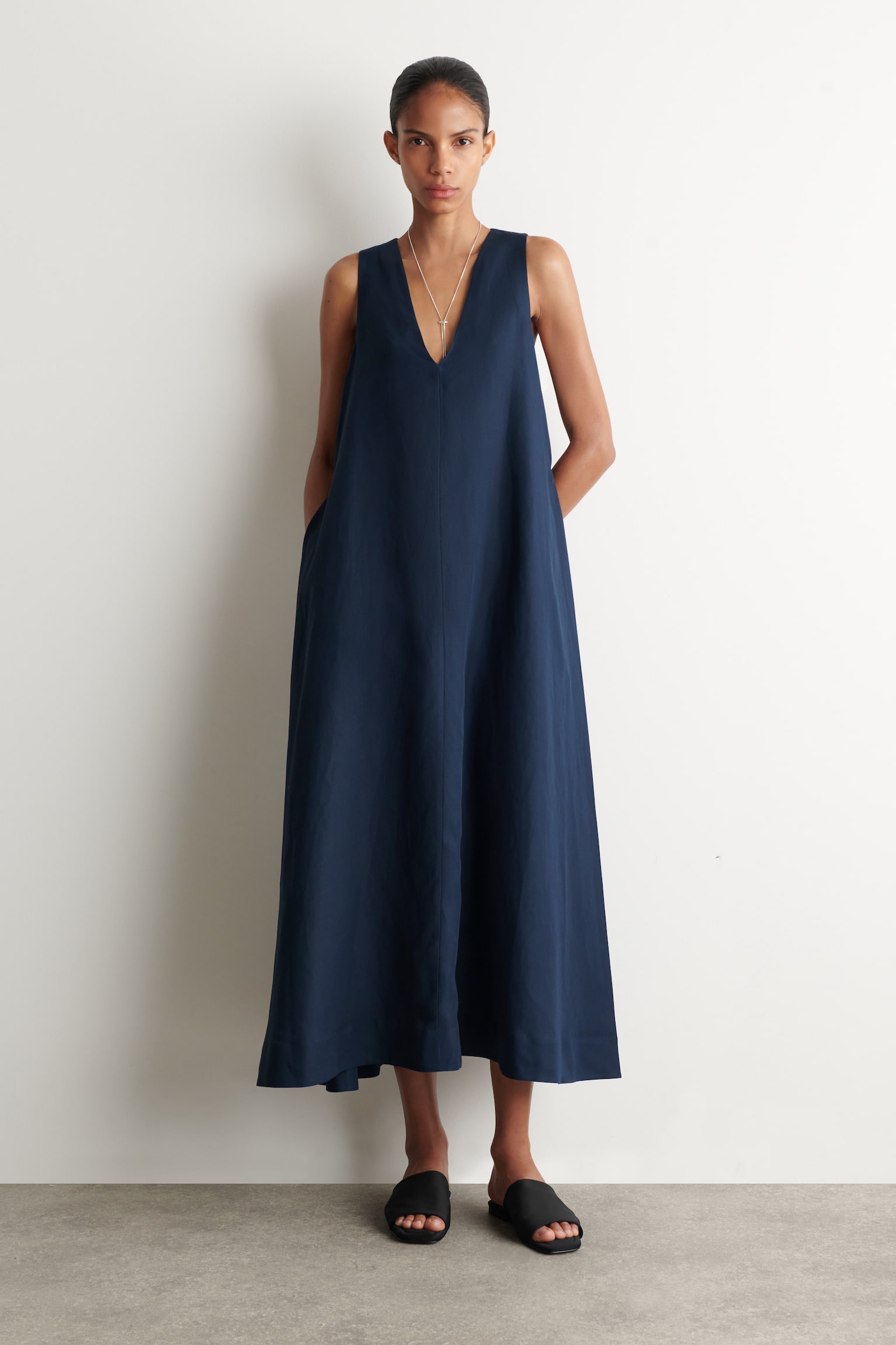 MAXIKLEID AUS LEINEN-MIX IN A-LINIE-NAVYBLAU - 1