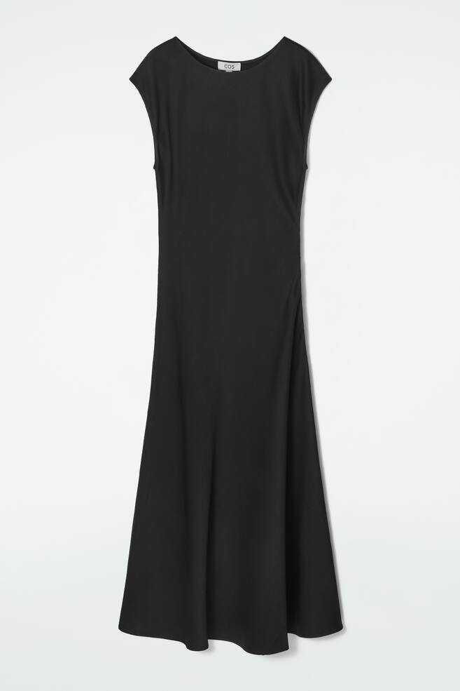 RUCHED BIAS-CUT SATIN DRESS - BLACK - 1