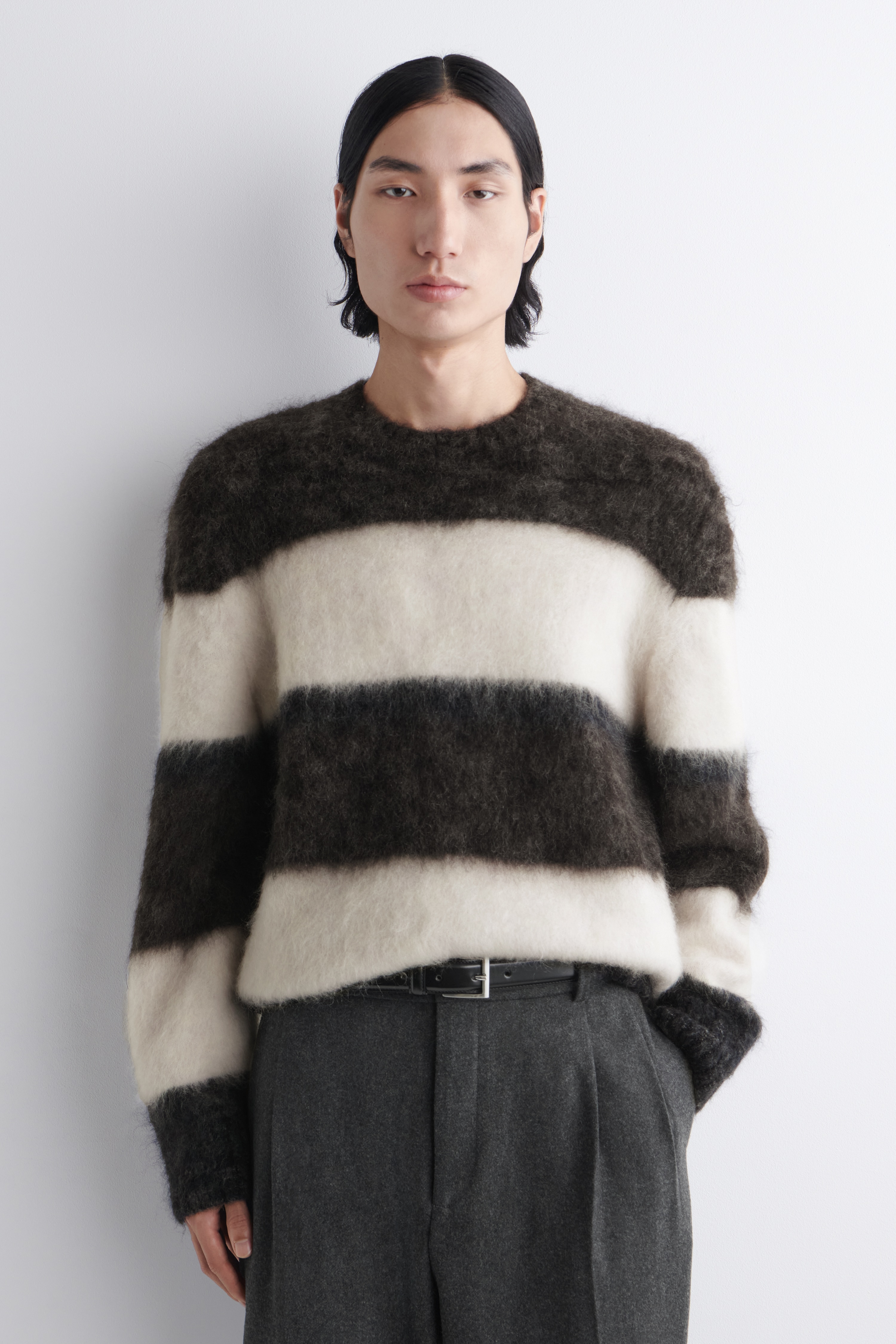 COLOUR-BLOCK MOHAIR CREW-NECK JUMPER - BROWN / CREAM / NAVY