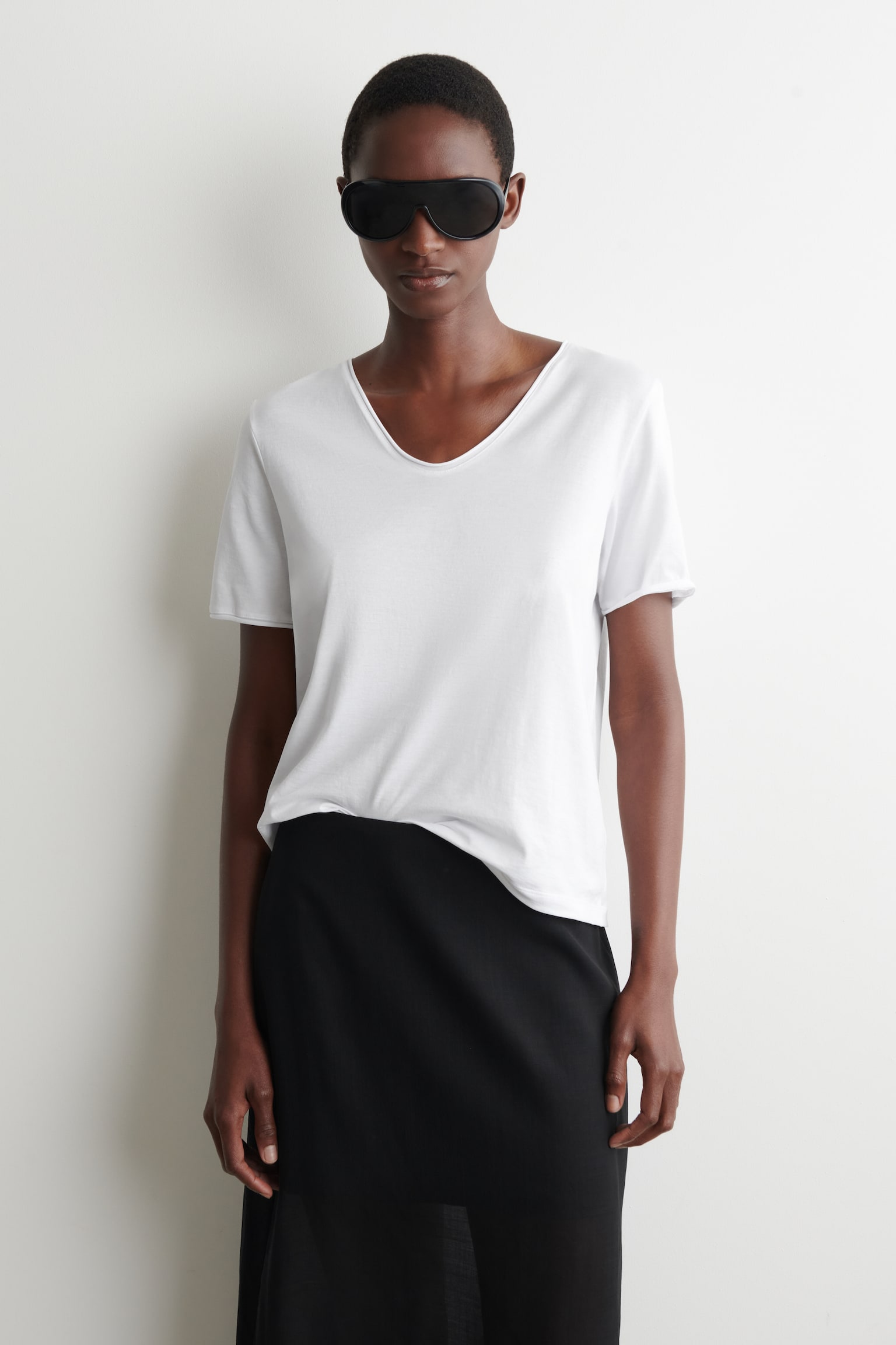U-hals licht katoenen T-shirt - WIT/BRUIN - 1