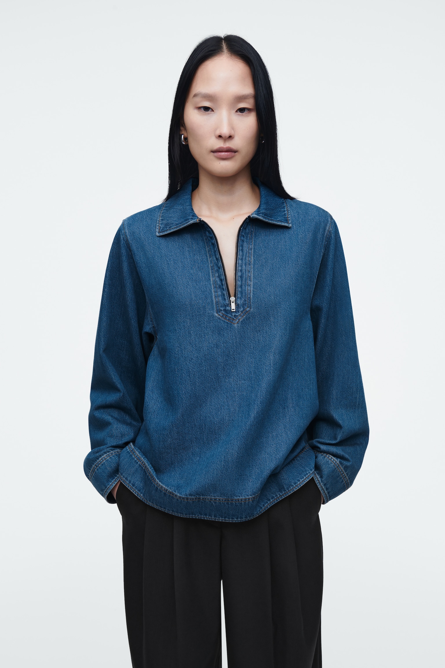 DENIM HALF-ZIP BLOUSE - BLUE