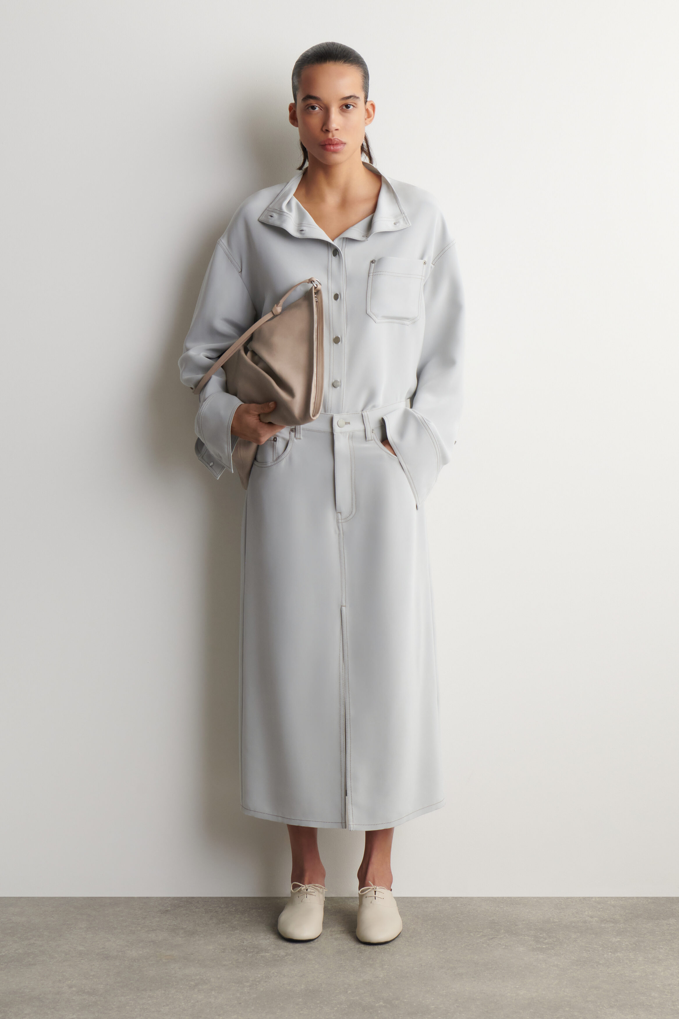 Denim-Effect Silk Midi Skirt