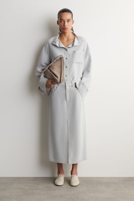DENIM-EFFECT SILK MIDI SKIRT — LIGHT GRAY 1