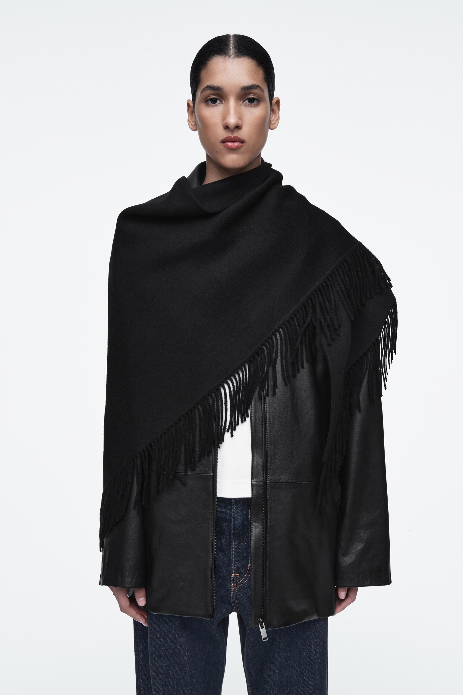 FRINGED MERINO WOOL TRIANGLE SCARF - BLACK