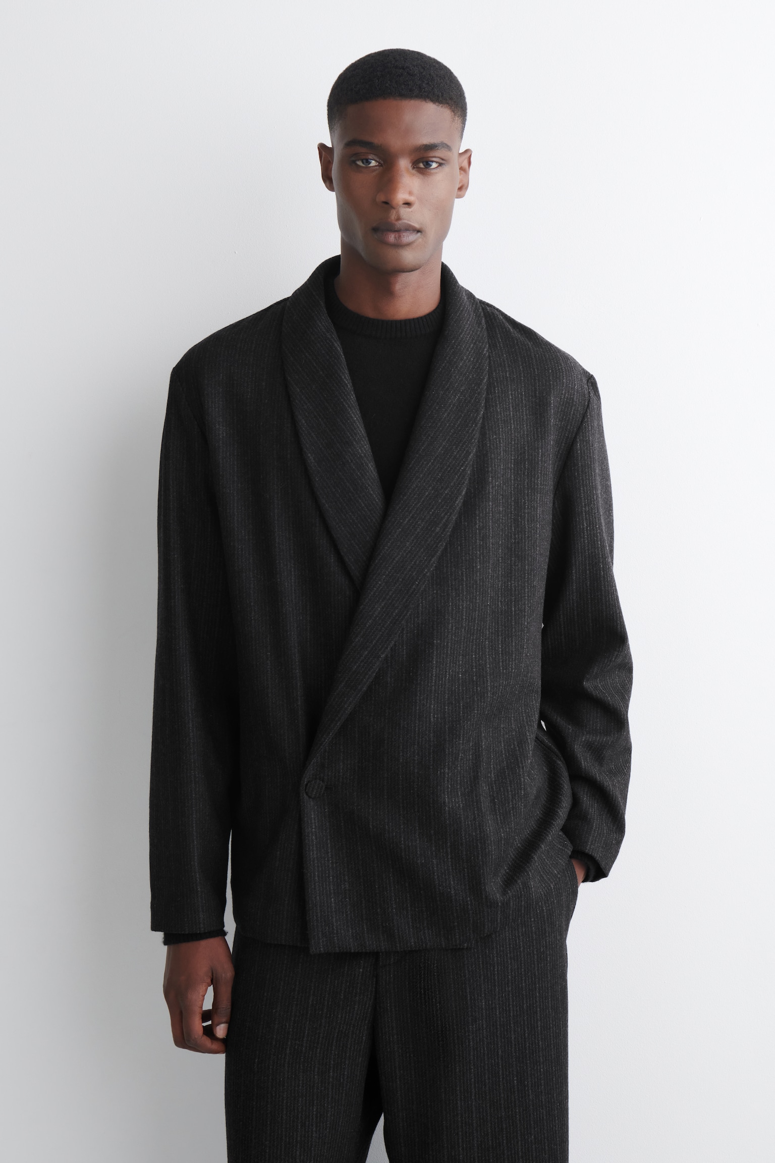 BLAZER CACHE-CŒUR EN LAINE À FINES RAYURES - GRIS / FINES RAYURES - 1