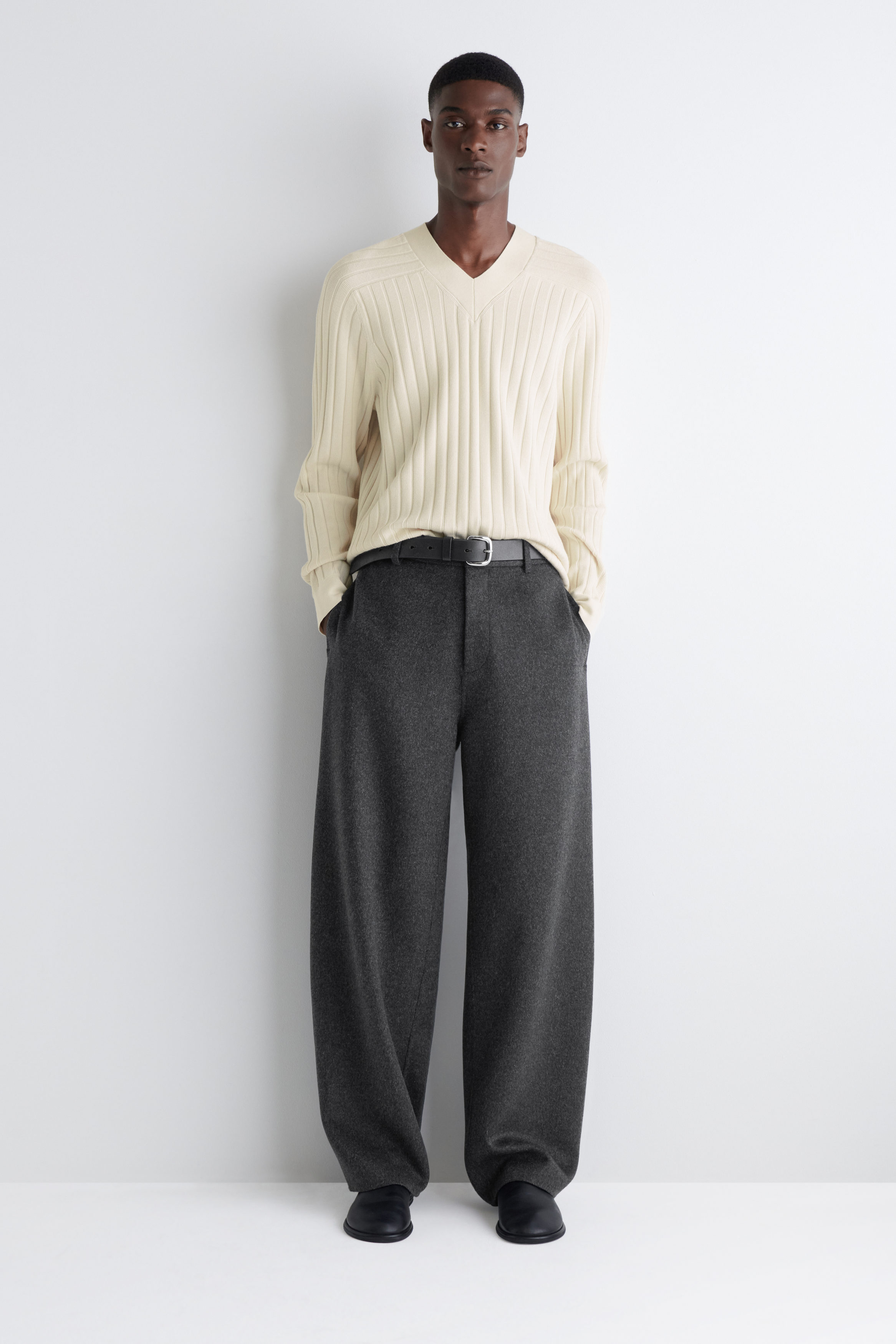 RIBBED-KNIT V-NECK SWEATER - CREAM | COS US