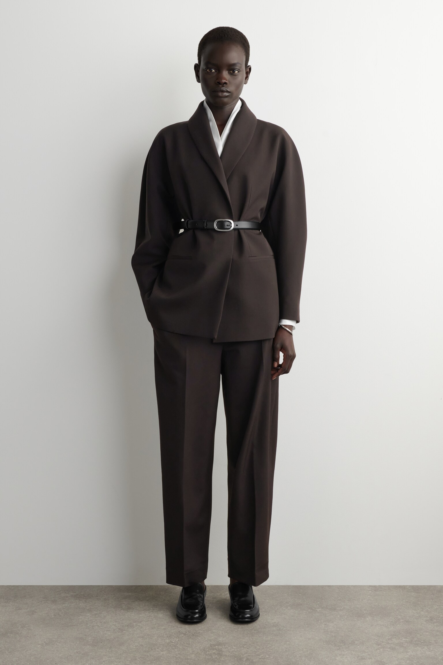 SHAWL-COLLAR COTTON BLOUSE - OFF-WHITE/DARK BROWN - 4