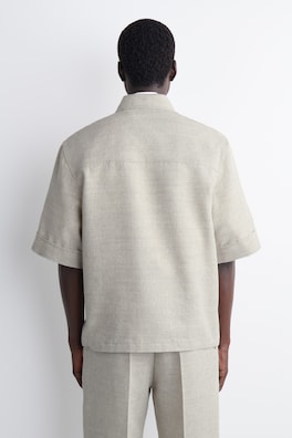LINEN-WOOL SHORT-SLEEVED ZIP-UP SHIRT — STONE MÉLANGE 4
