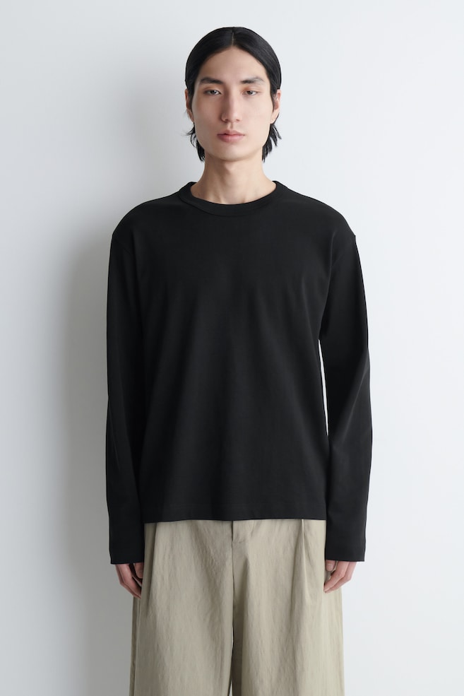RELAXED JERSEY INTERLOCK LONG-SLEEVED T-SHIRT — BLACK