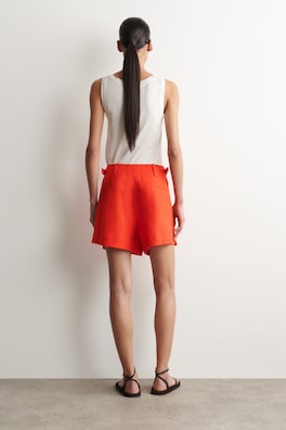 PLEATED BELTED LINEN SHORTS — ORANGE 4