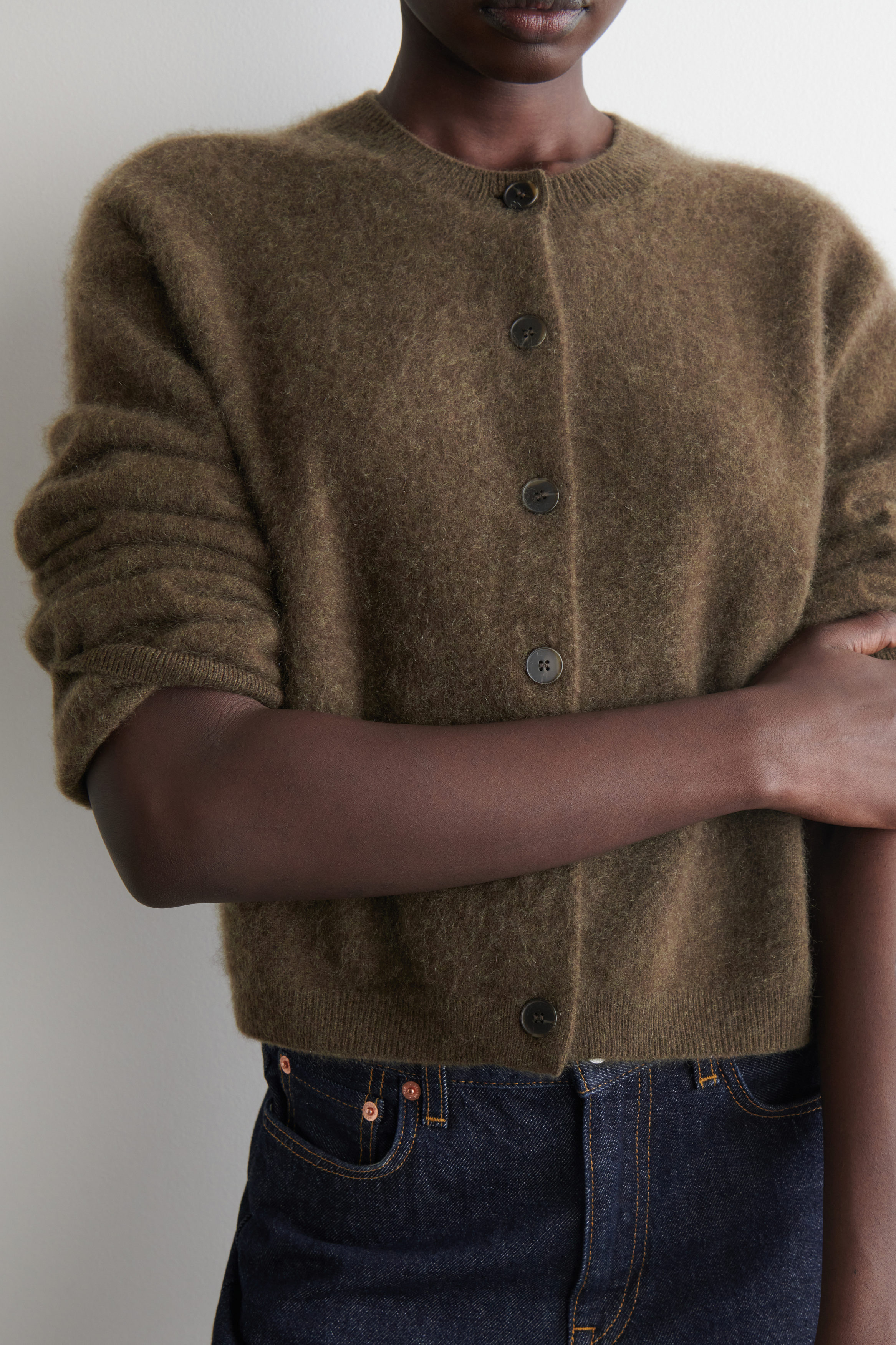 BRUSHED-CASHMERE CREW-NECK CARDIGAN - KHAKI | COS