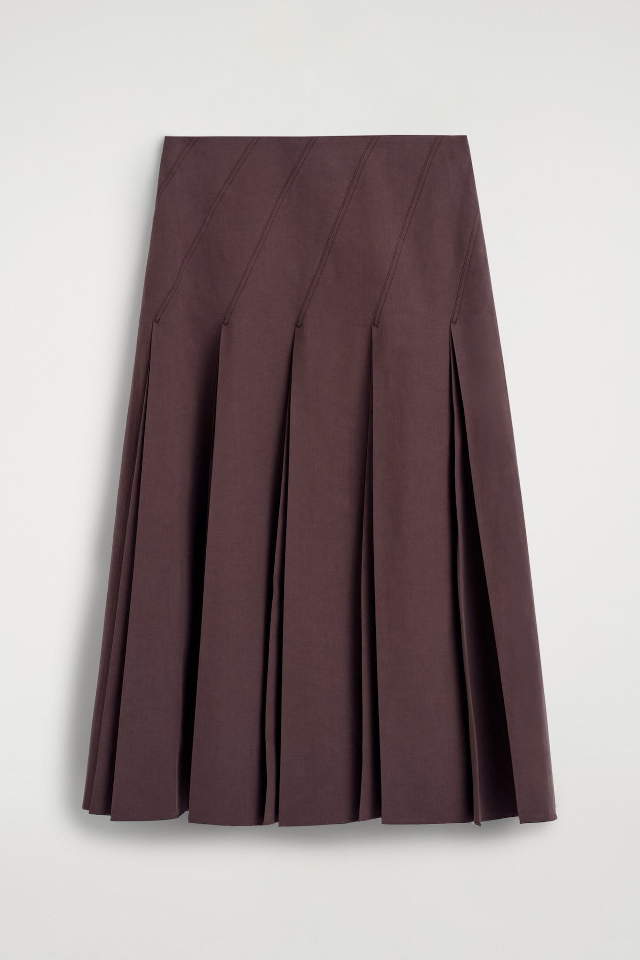 PLEATED COTTON-LINEN MIDI SKIRT — BURGUNDY
