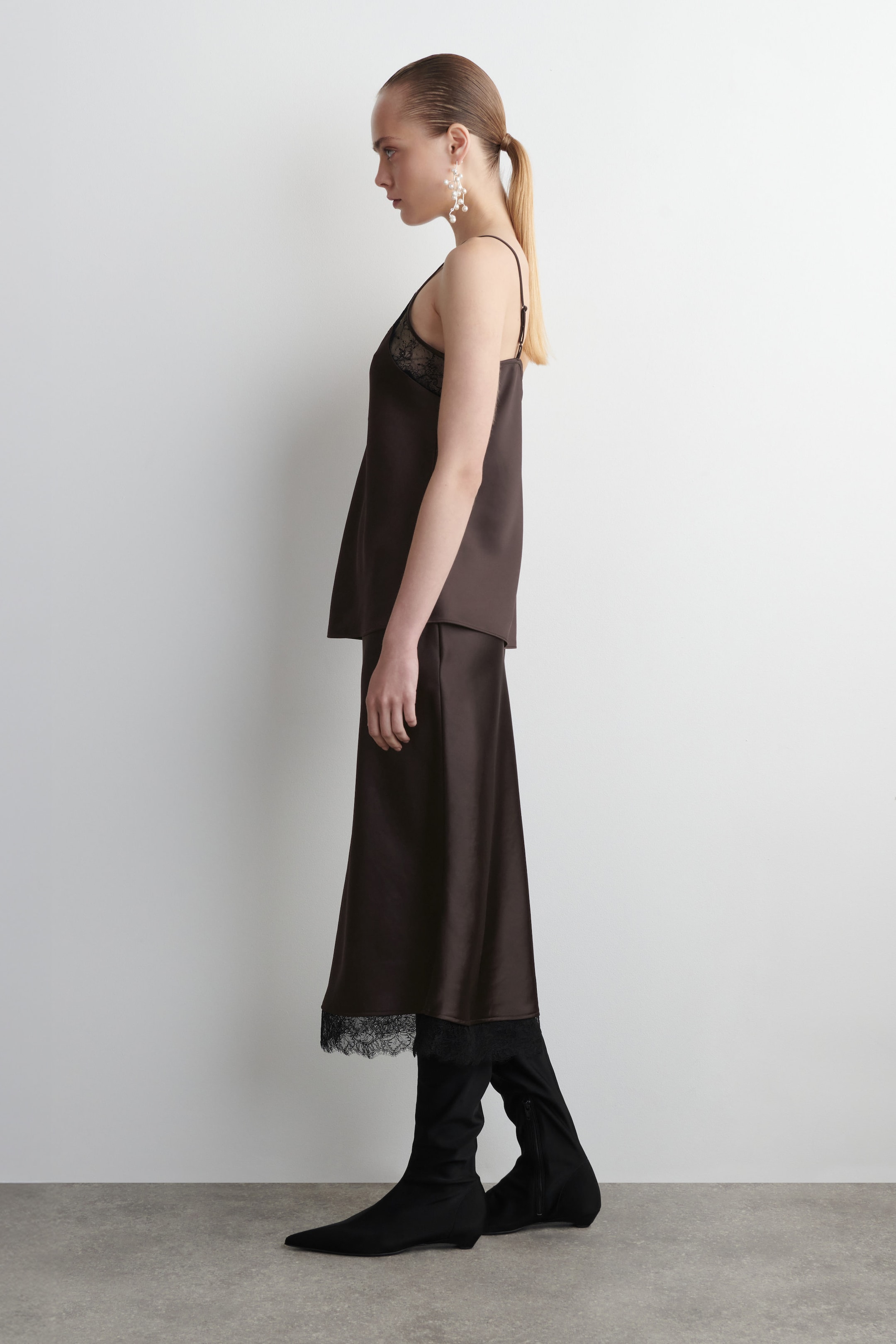 LACE-TRIMMED SATIN MIDI SKIRT
