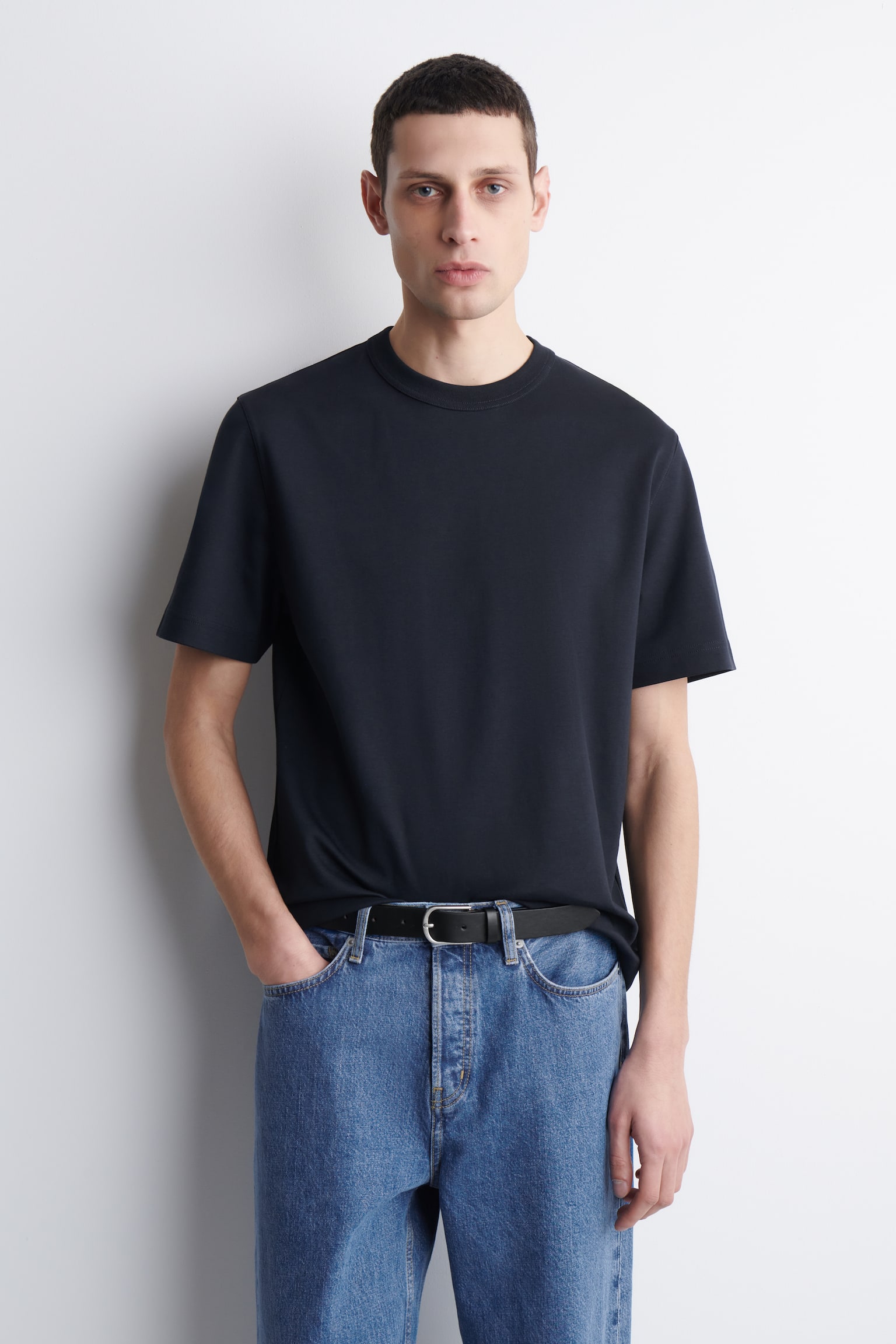 CAMISETA DE ALGODÓN CON CUELLO REDONDO - AZUL MARINO/BLANCO/AZUL MARINO/BLANCO/A RAYAS/NEGRO/GRIS CLARO - 1