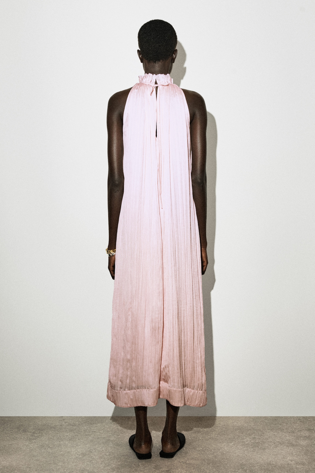 CRINKLED-SATIN MIDI DRESS — LIGHT PINK