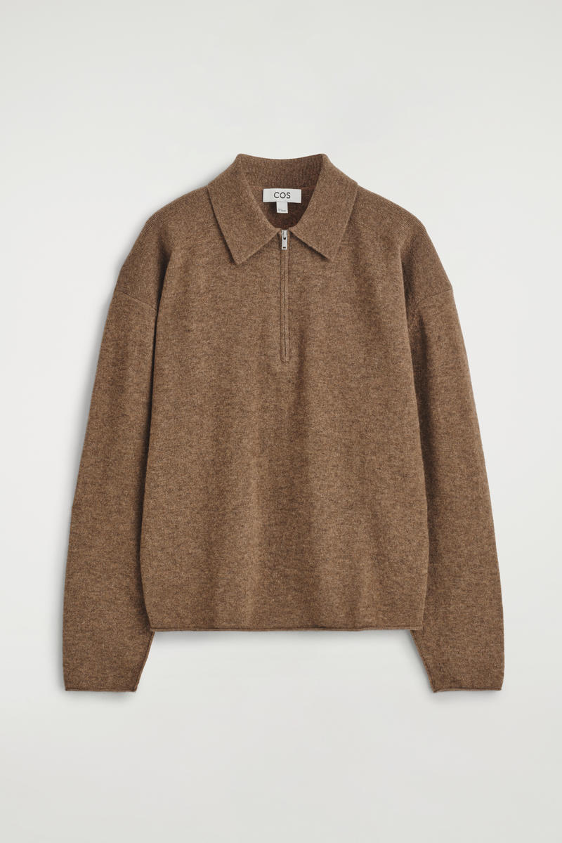 Cos Merino Wool-yak Zip-up Polo Shirt In Brown