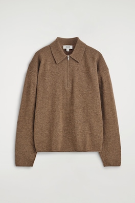 MERINO WOOL-YAK ZIP-UP POLO SHIRT — BROWN MÉLANGE 6