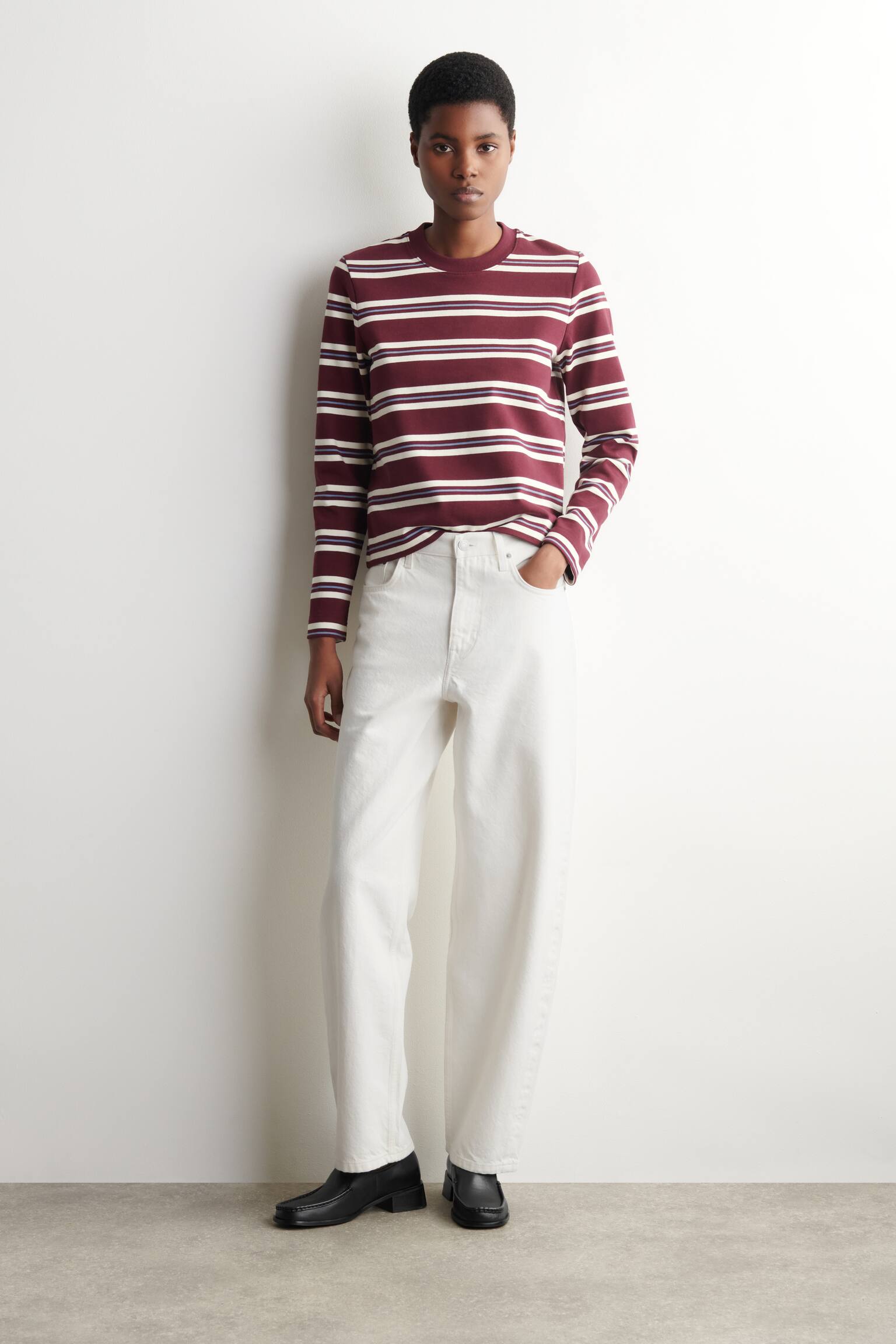 T-SHIRT À MANCHES LONGUES ÉPURÉ - BORDEAUX / RAYURES/BEIGE CHINÉ/BLEU - 4