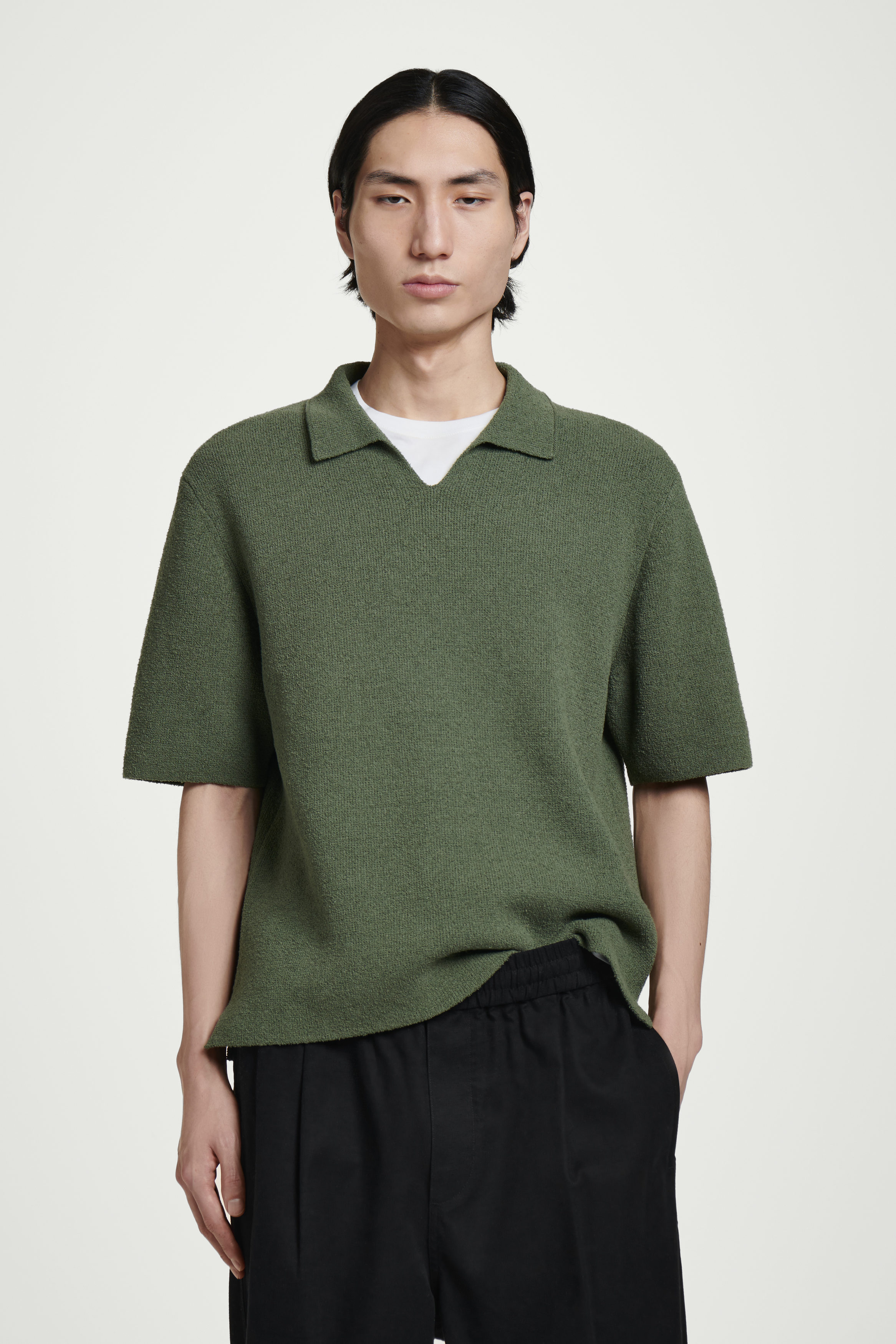 ★COOR★ Open Collar Cotton Polo Shirt (Green) OPEN-COLLAR BOUCLÉ-KNIT POLO SHIRT - GREEN | COS