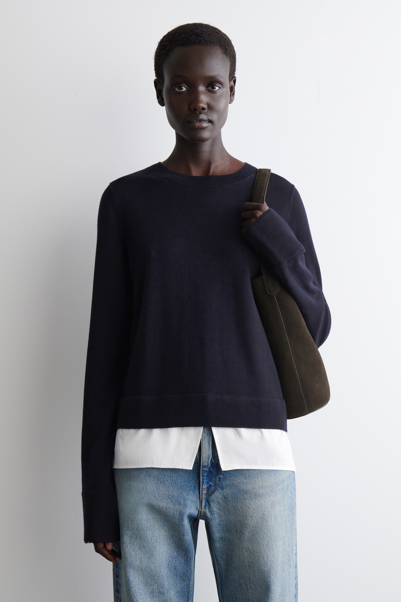 PULL SUPERPOSÉ EN LAINE MÉRINOS - BLEU MARINE - 1