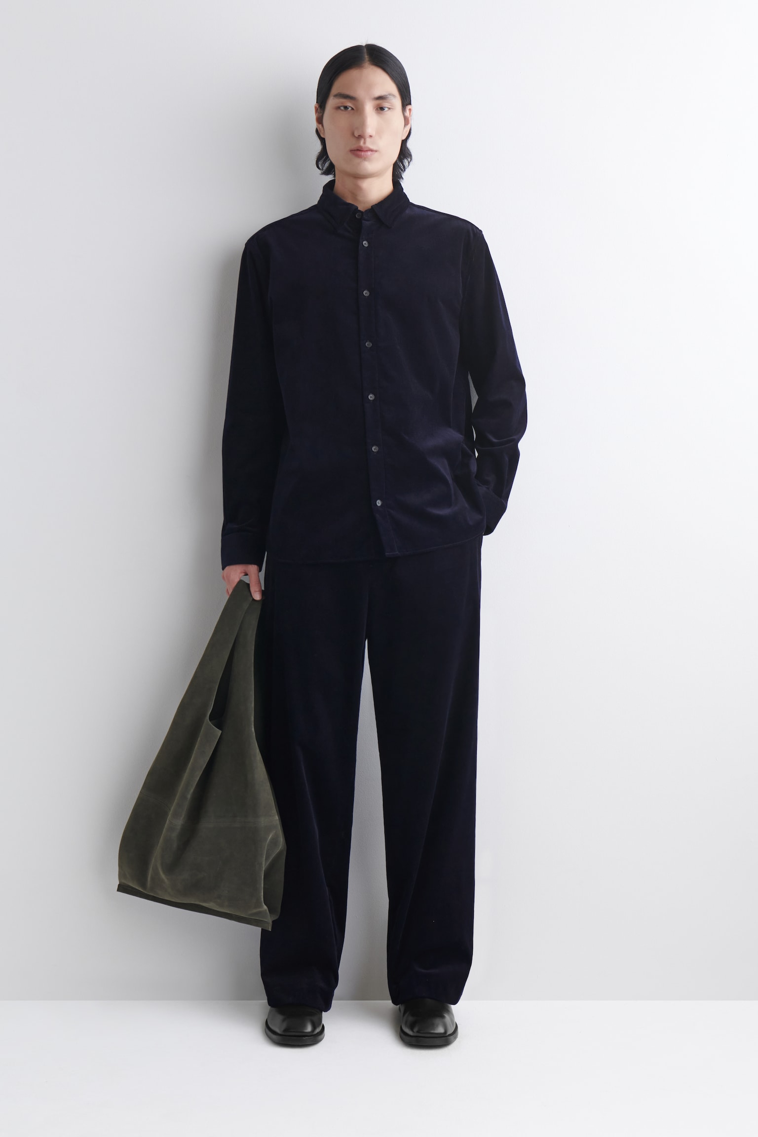 מכנסי קורדורוי רחבים - כחול כהה - 2